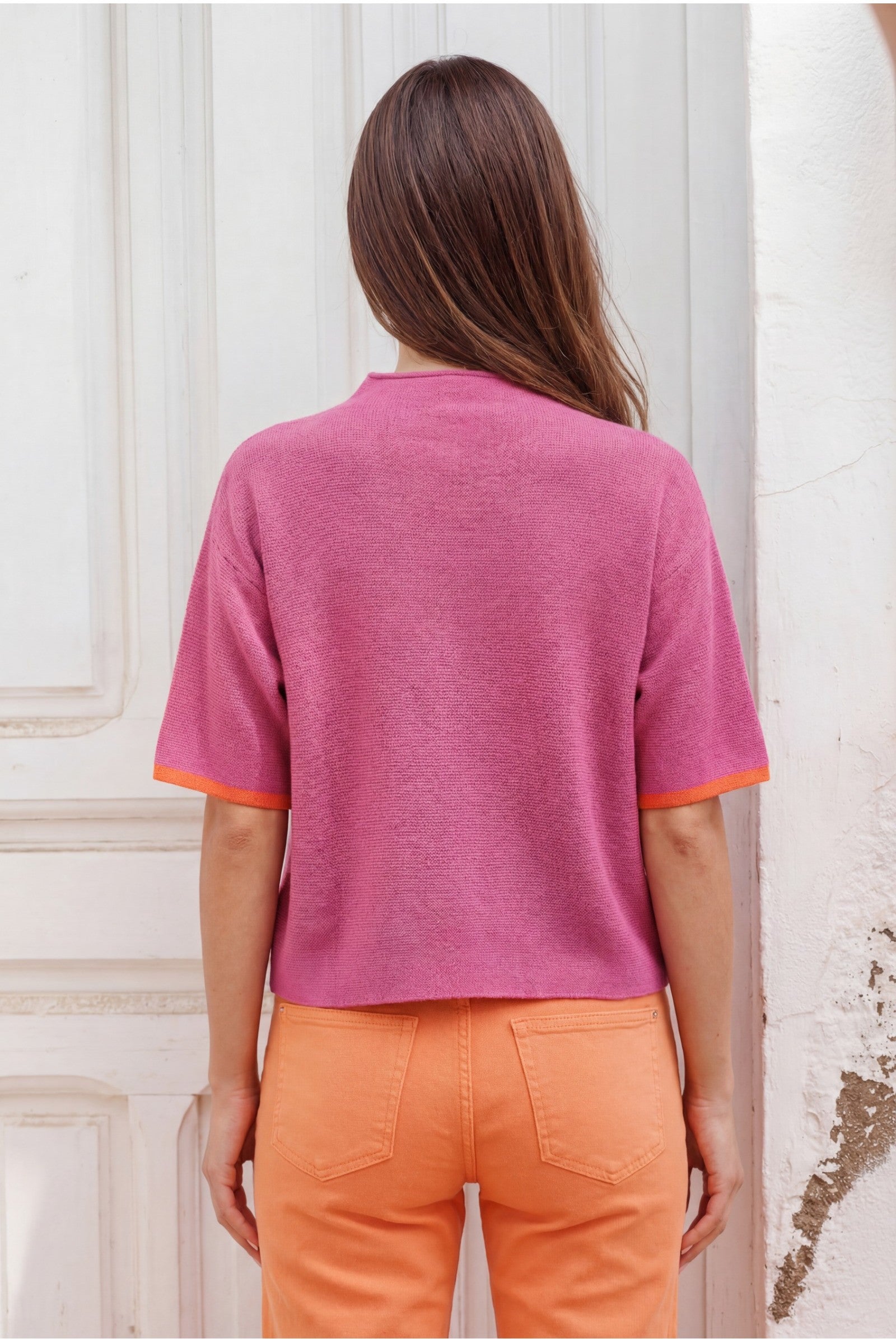 Ballon Fit Strickshirt mit Kontraststreifen im frischen Pink Look