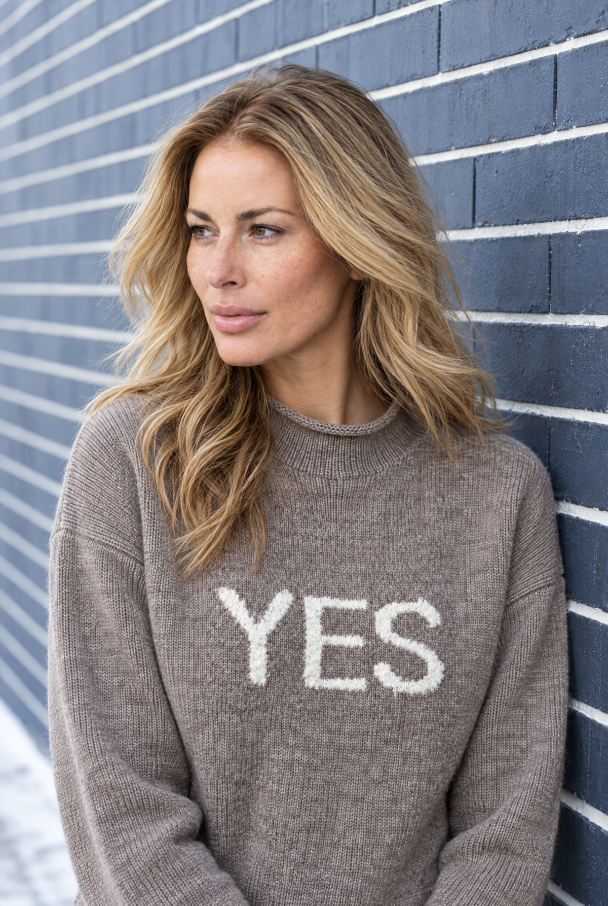 Damen Strickpullover Taupe YES Schriftzug Kaschmir Wolle Rundhals Herbst Winter
