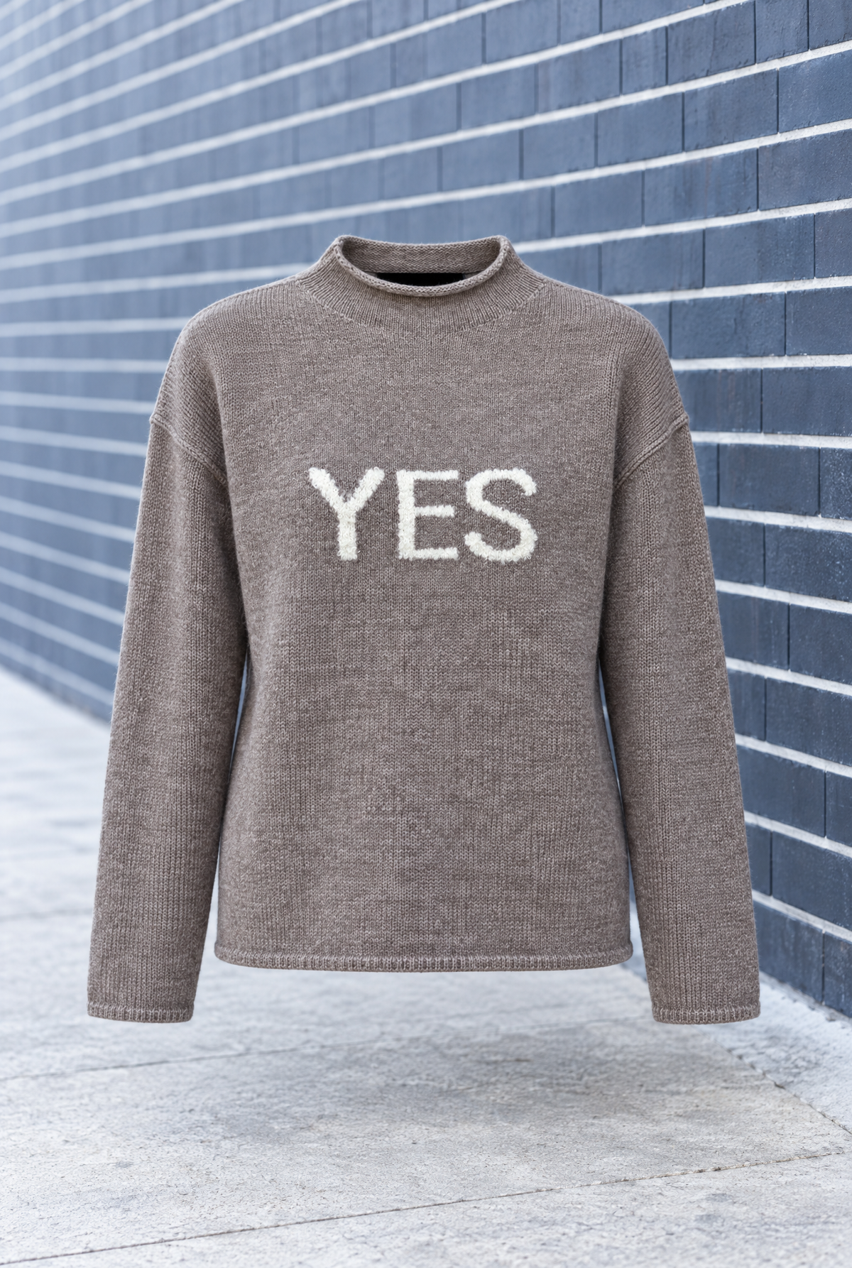 Damen Strickpullover Taupe YES Schriftzug Kaschmir Wolle Rundhals Herbst Winter