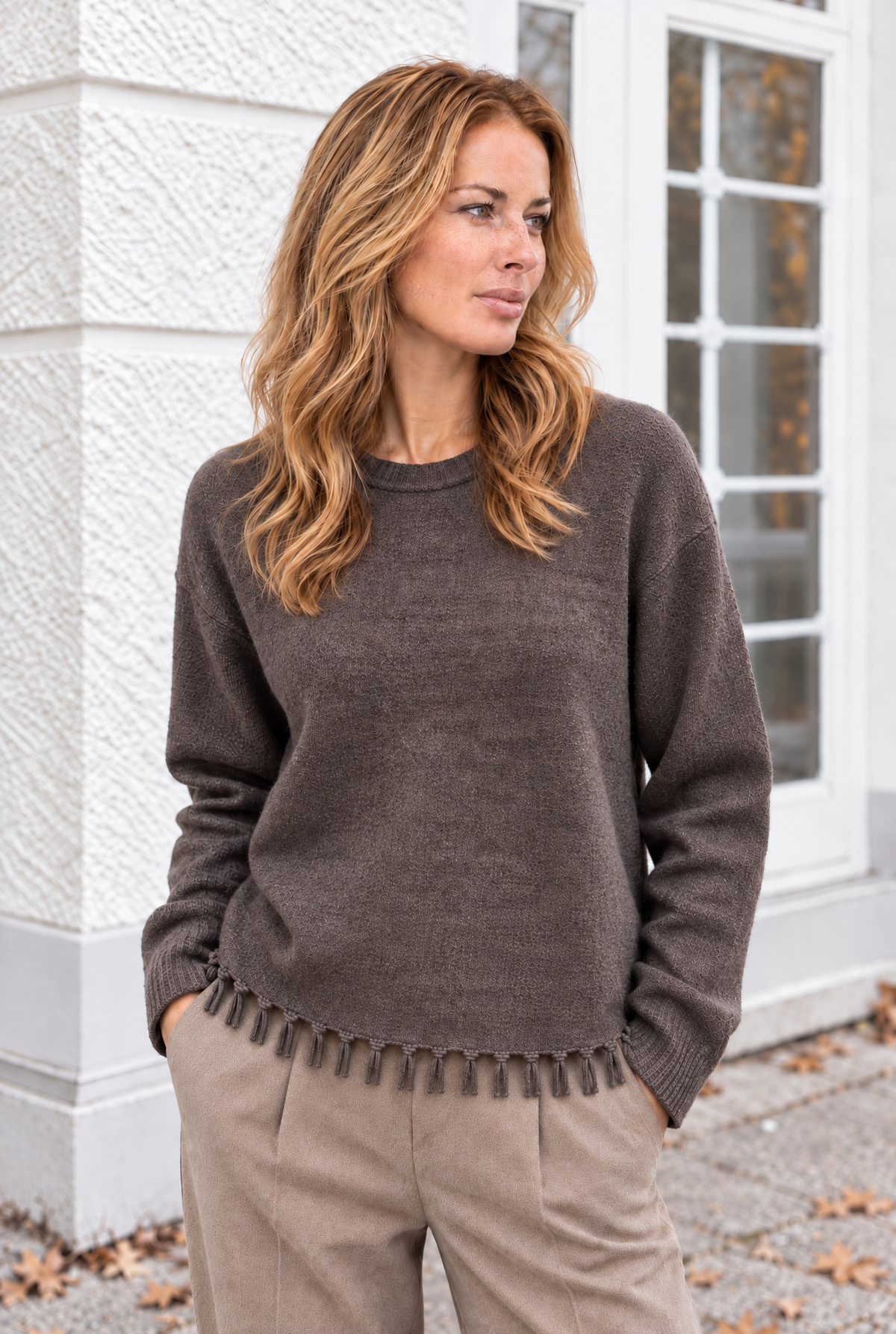 Damen Strickpullover Braun Fransen Rundhals Kaschmir Herbst Winter Baumwolle