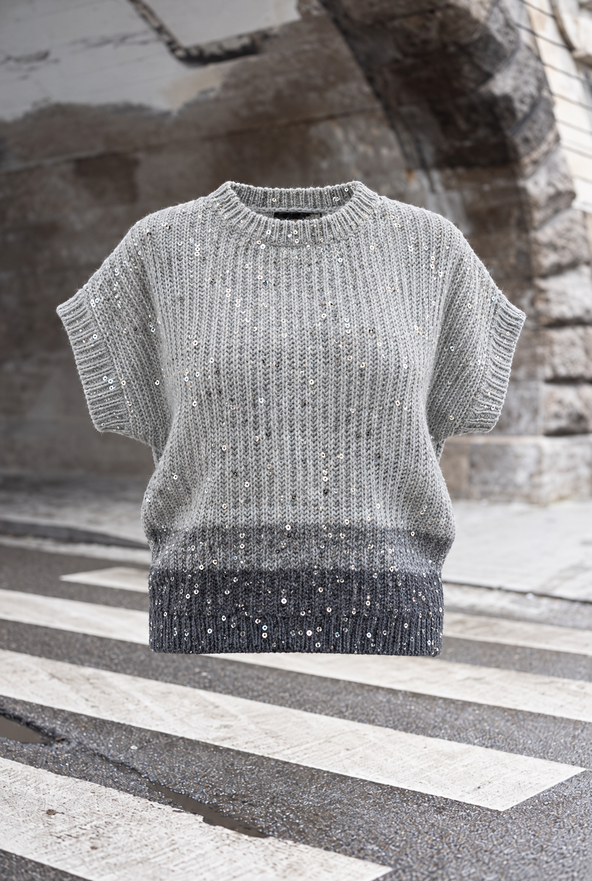 Damen Strickpullunder Grau Pailletten Rundhals Alpaka Wolle Herbst Winter Look
