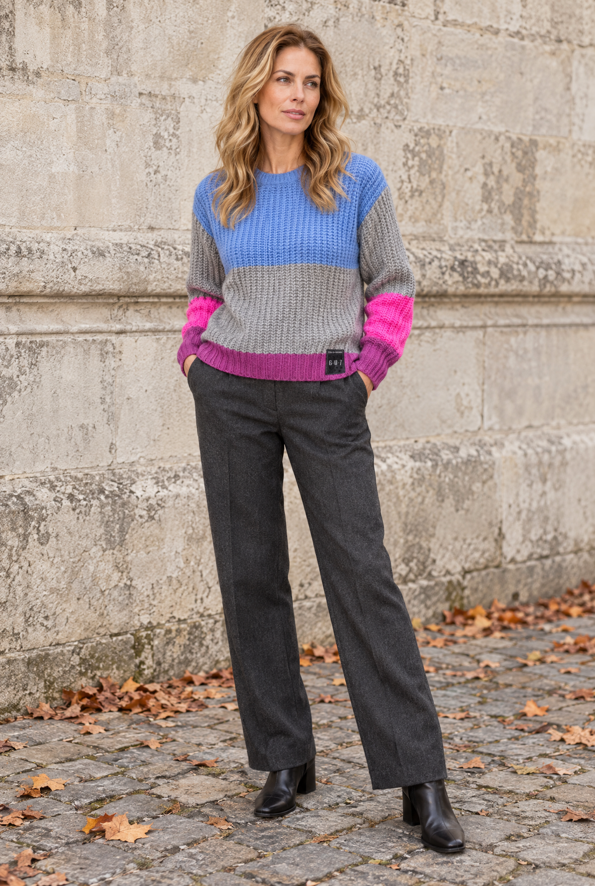 Damen Grobstrick Strickpullover Colorblock Rundhals Herbst Alpaka