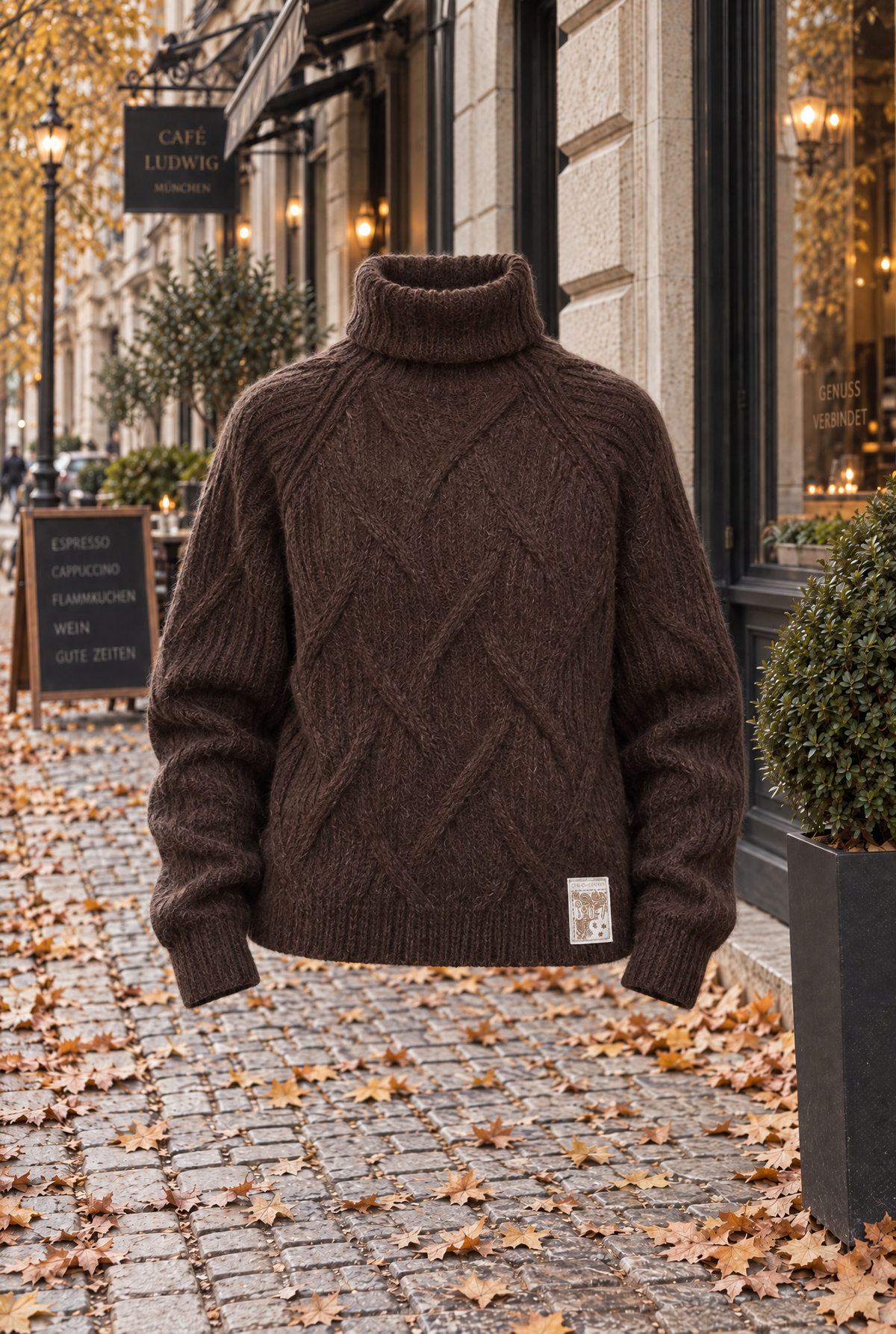 Damen Rollkragenpullover Braun Zopfmuster Alpaka Wolle Badge Herbst Winter Strick
