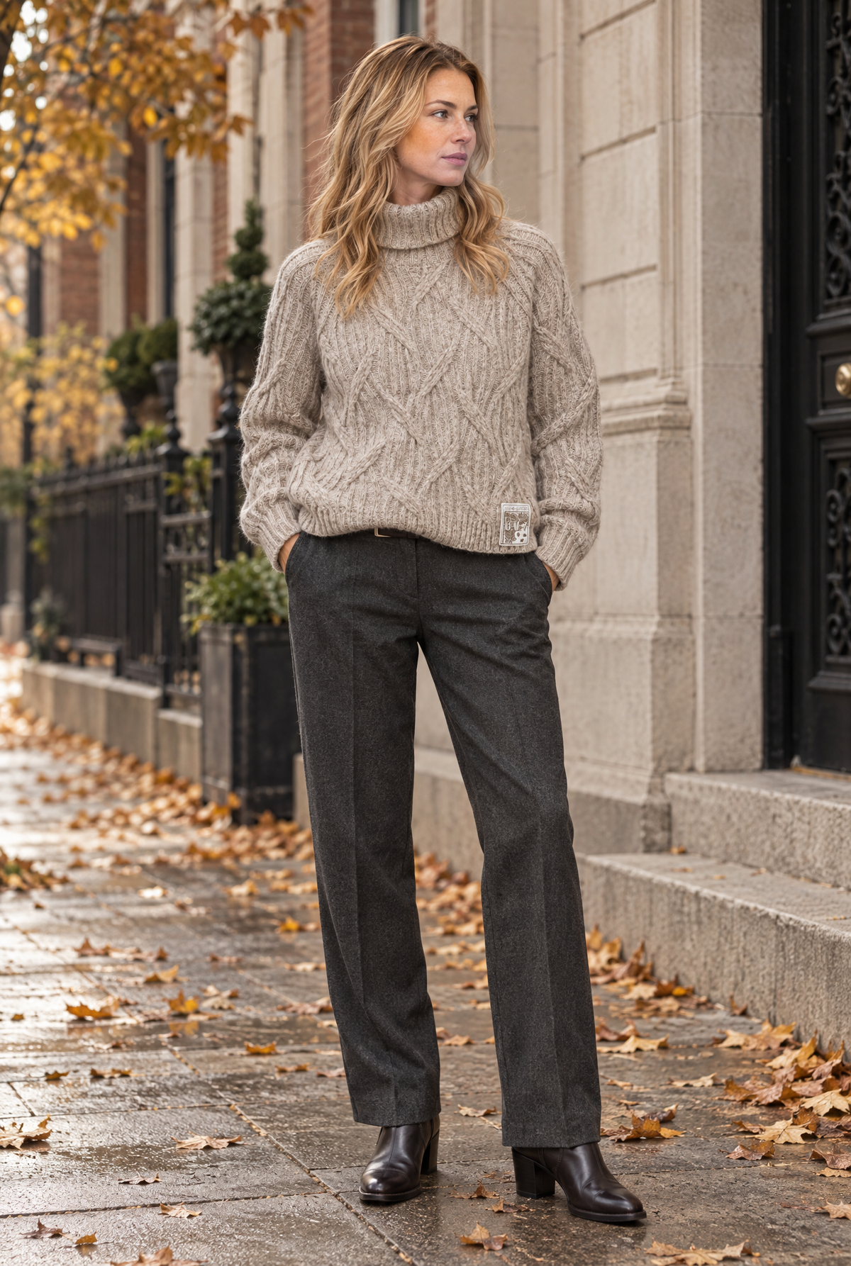Damen Rollkragenpullover Beige Zopfmuster Alpaka Wolle Badge Herbst Winter Strick