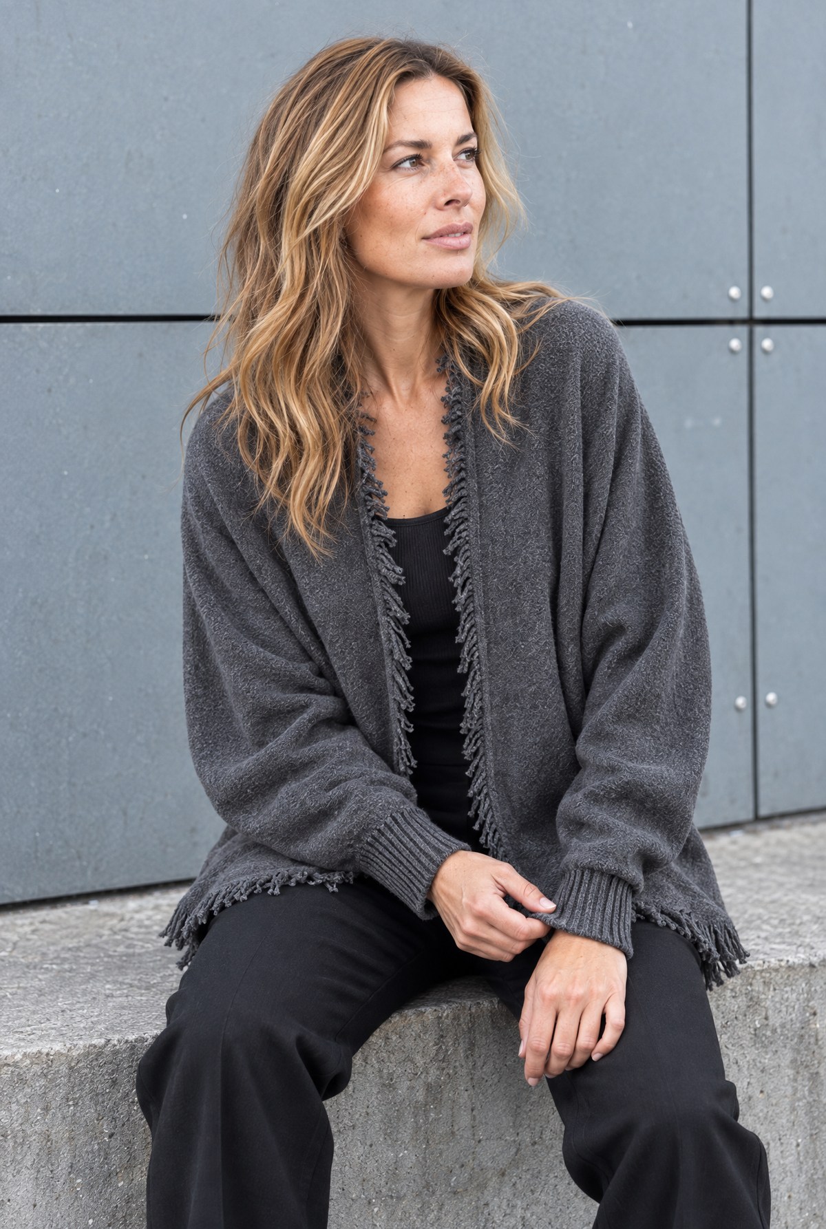 Damen Strickjacke Anthrazit Fransen Cardigan Baumwolle Herbst Winter Oversize