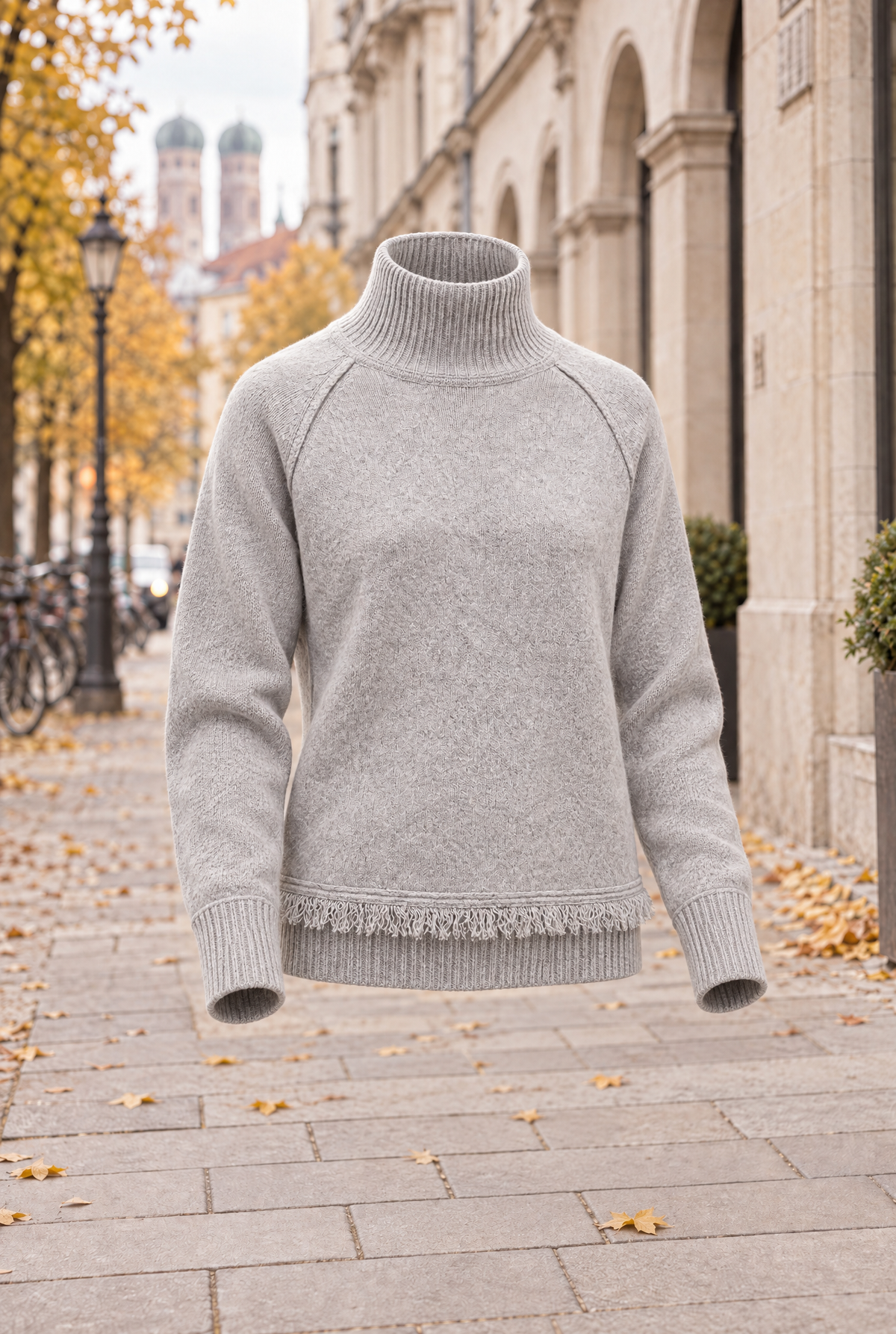 Damen Rollkragenpullover Grau Fransen Baumwolle Strick Herbst Winter Damenmode