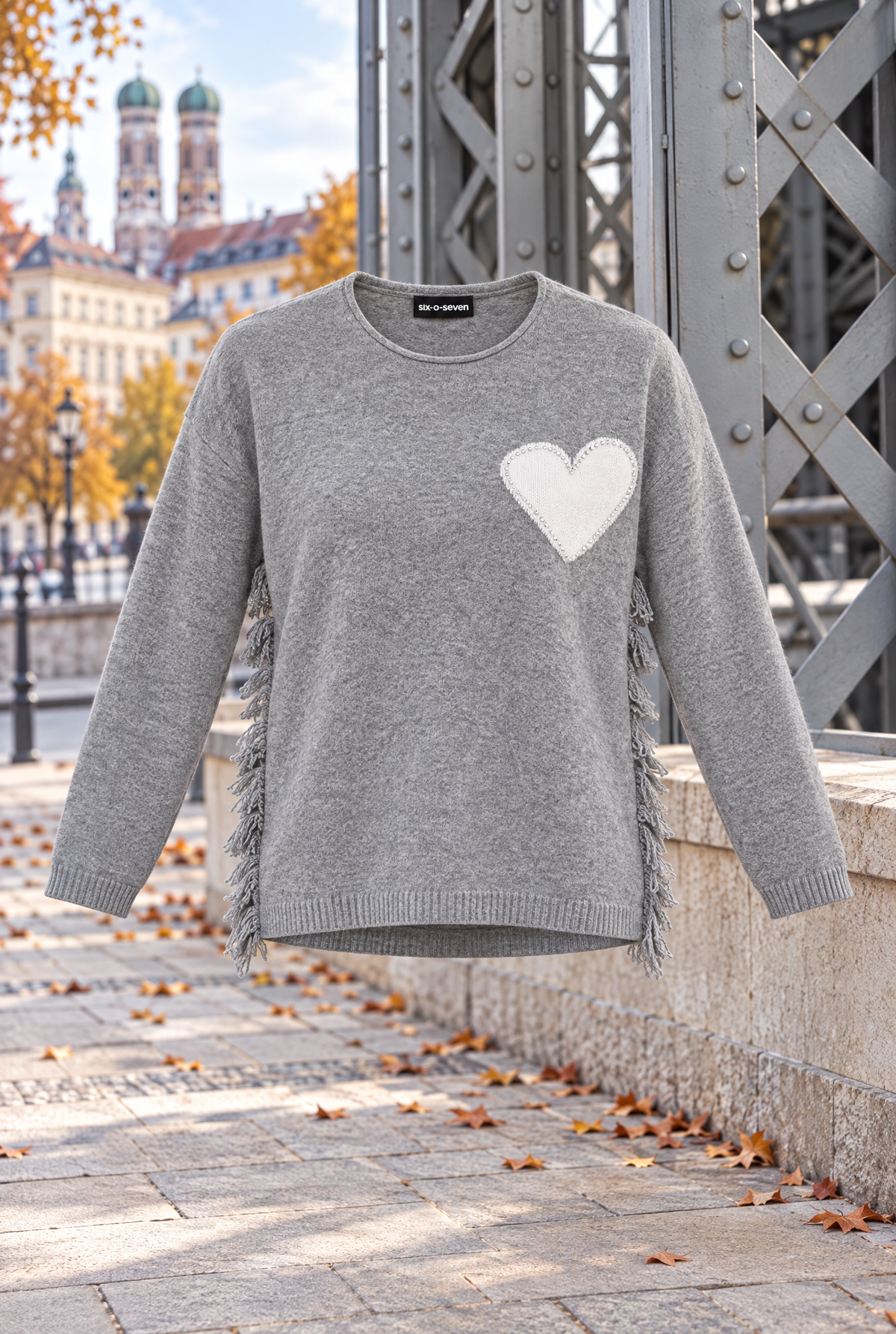 Damen Strickpullover Grau Herz Patch Fransen Rundhals Herbst Winter Baumwolle