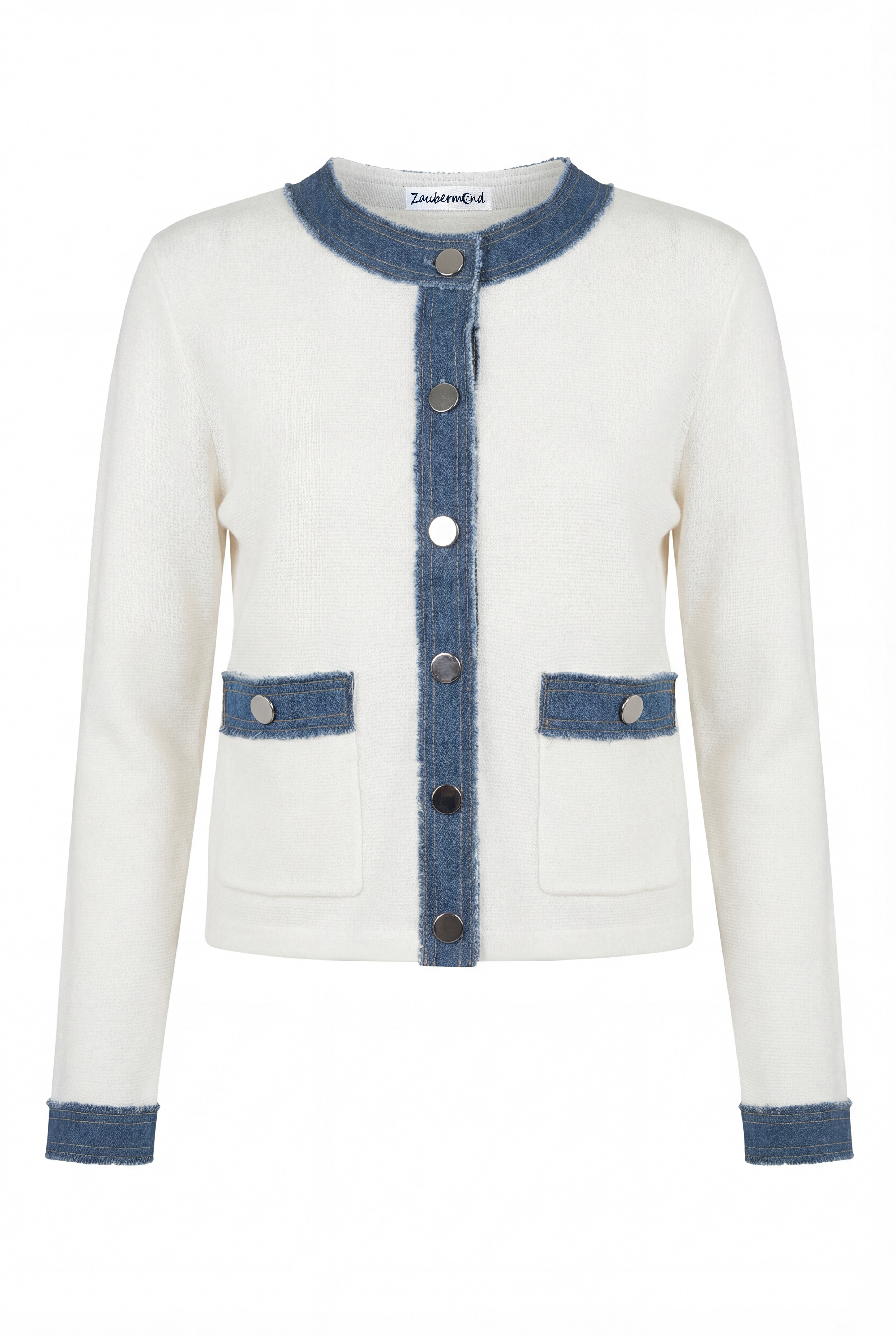 Modische Strickjacke mit Denim-Akzenten, Knopfleiste, Tasche Sommer