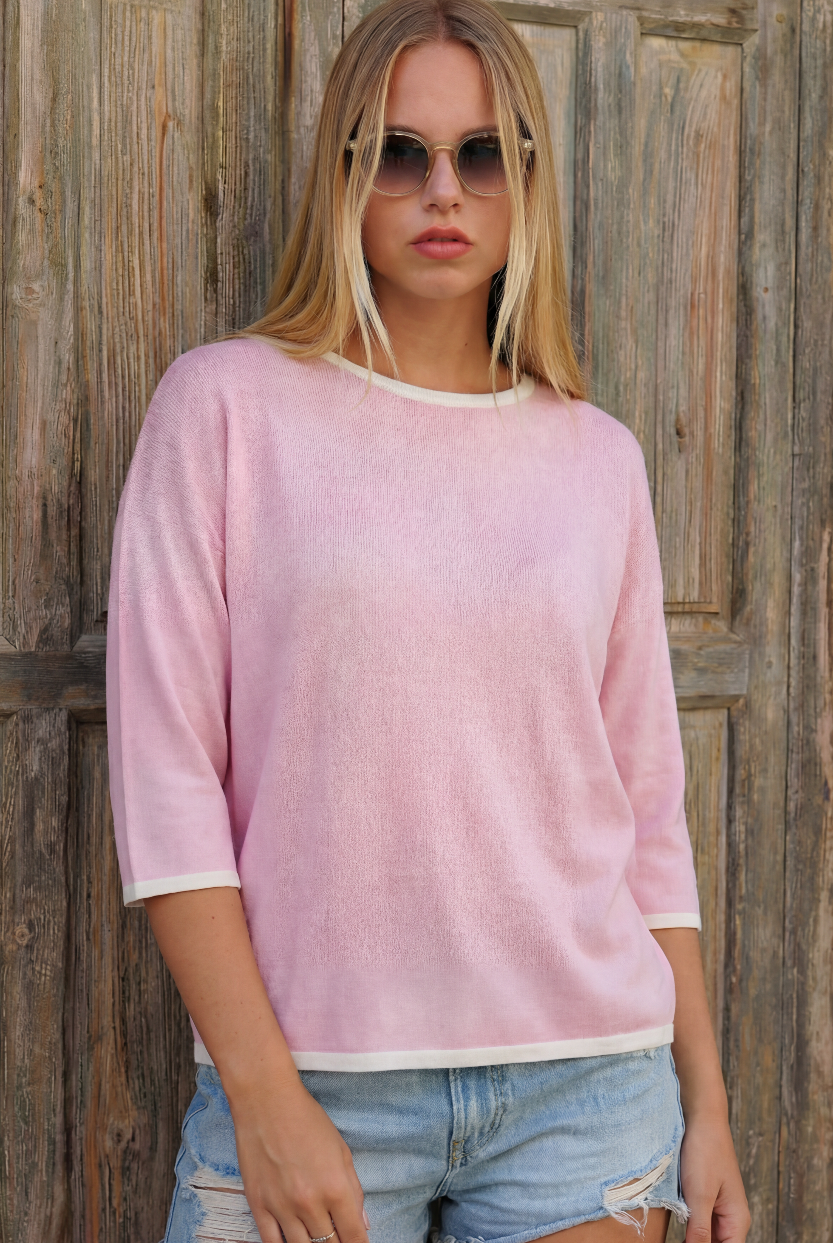 Lockerer Inside-Out Print Pullover im verwaschenen Look, Rosé