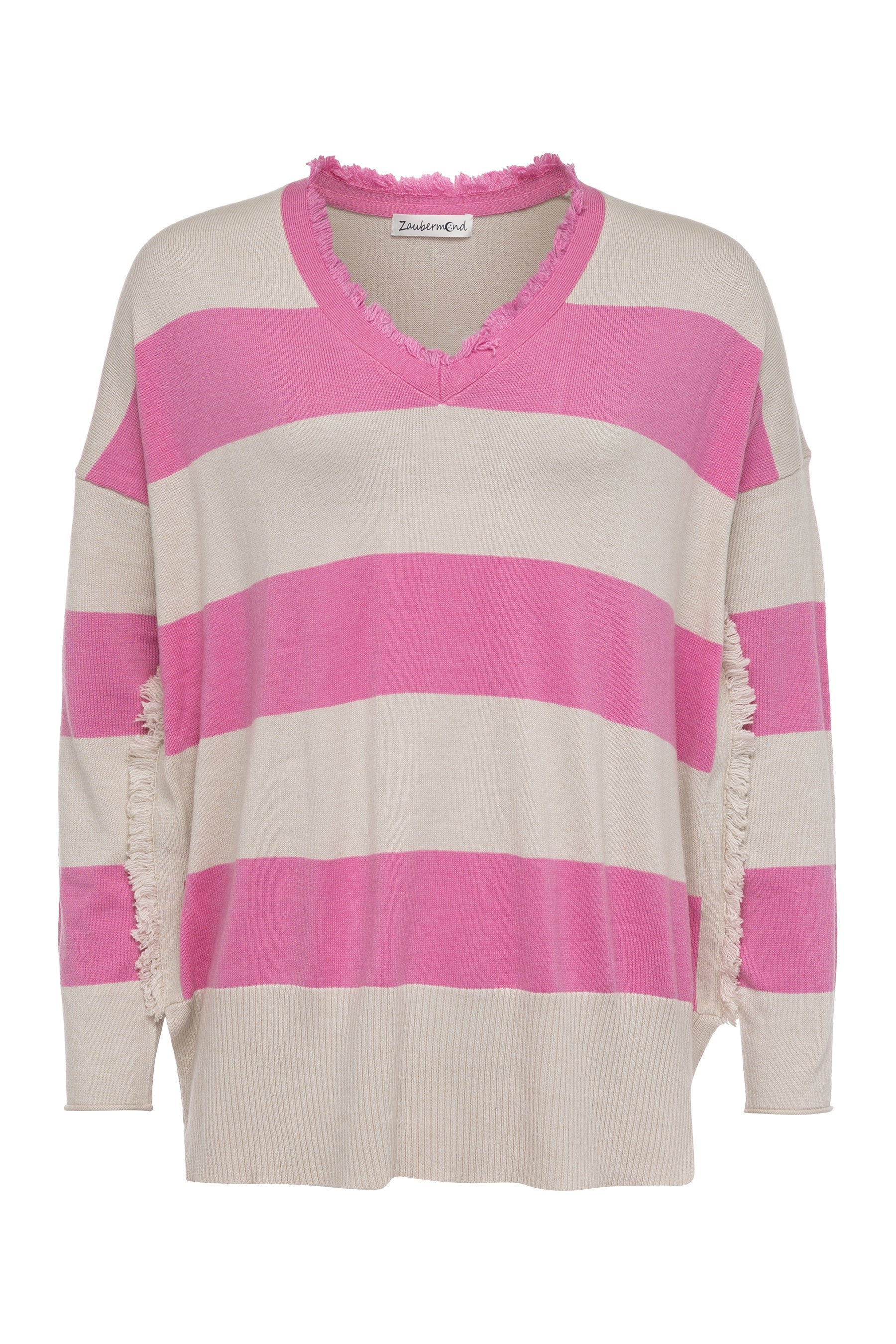 Boho Loose Pullover mit V-Ausschnitt, Blockstreifen & Fransen Pink-Beige Zaubermond