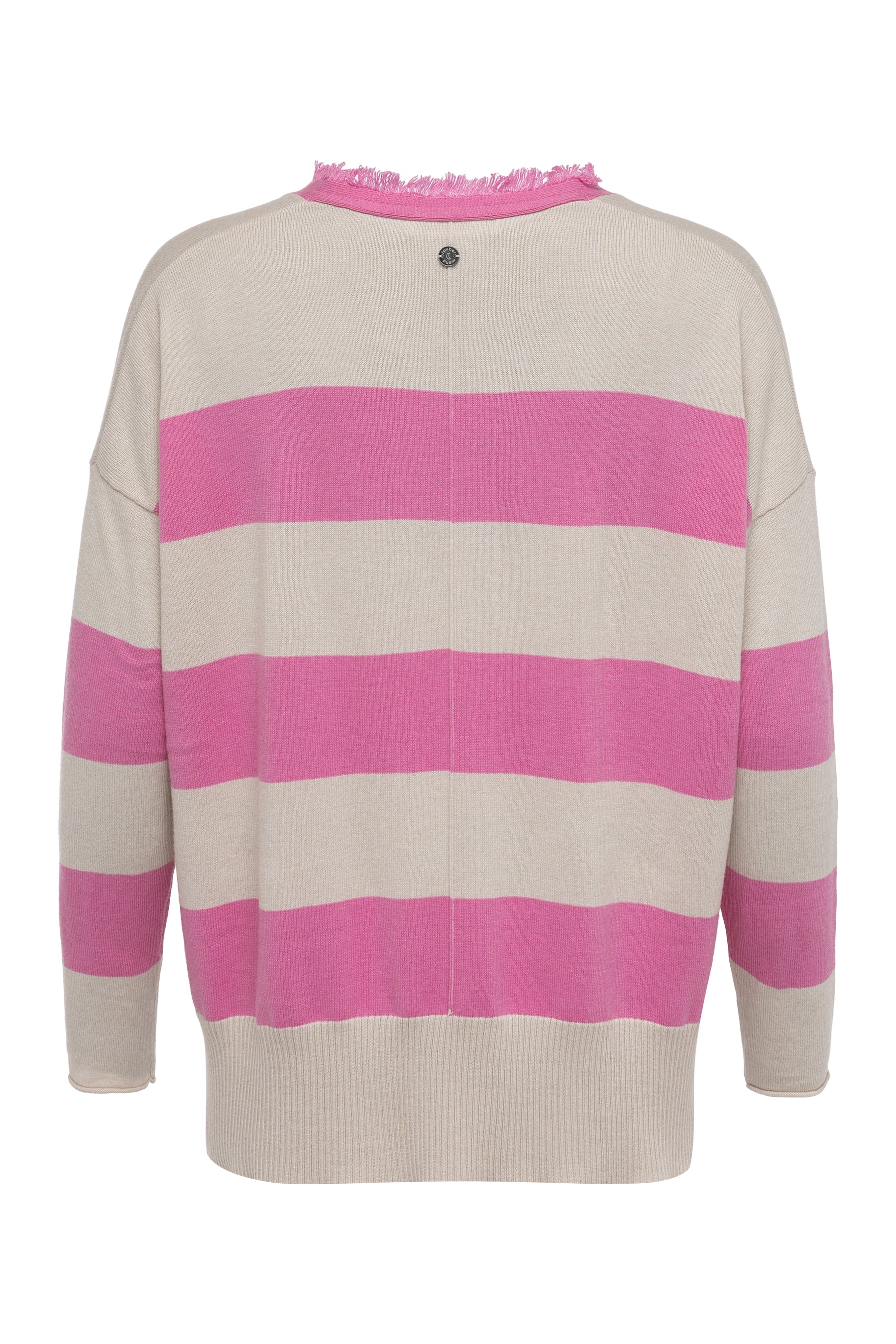 Boho Loose Pullover mit V-Ausschnitt, Blockstreifen & Fransen Pink-Beige Zaubermond