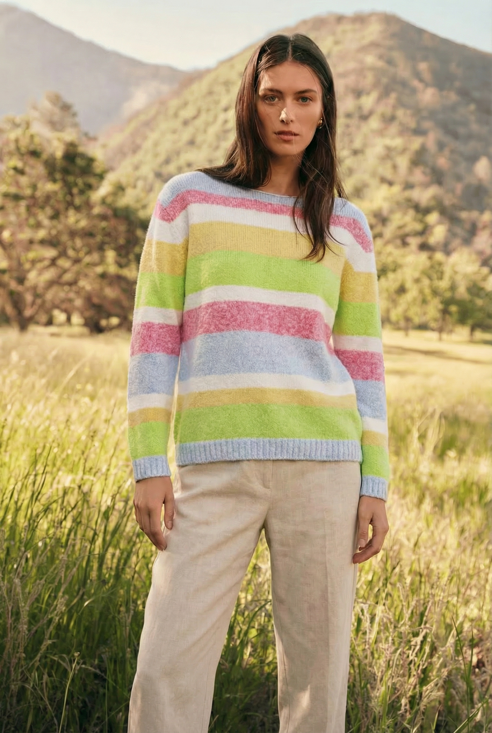 Bunter Damen Loose Strickpullover mit Blockstreifen in Melange & Frühlingsfarben