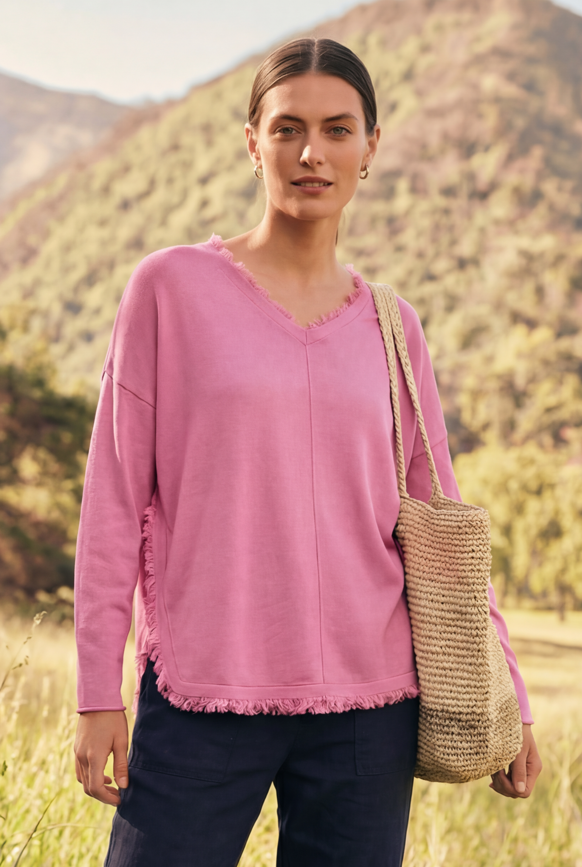 Damen Lockerer Boho Pullover mit V-Ausschnitt & Fransen Rosa