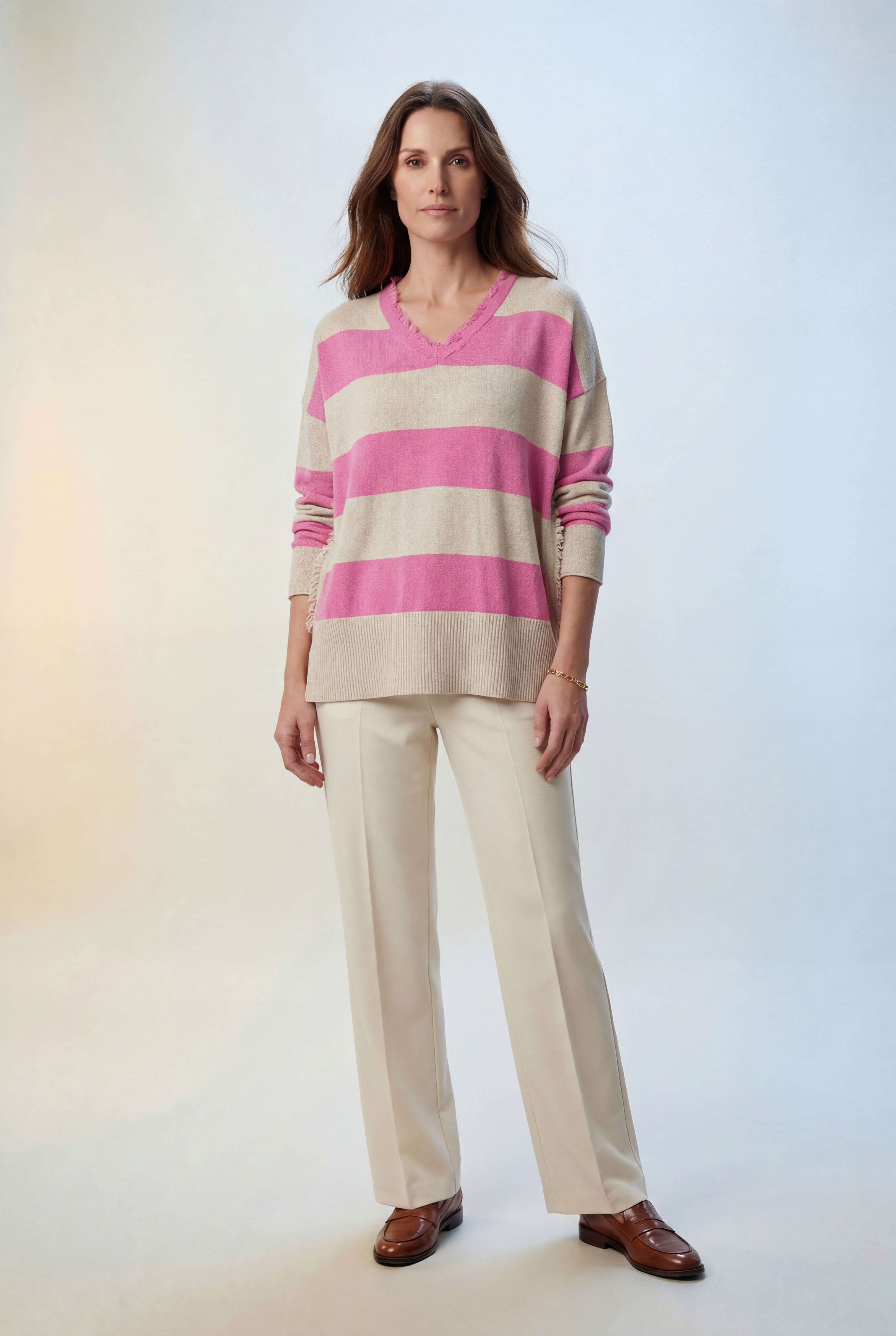 Boho Loose Pullover mit V-Ausschnitt, Blockstreifen & Fransen Pink-Beige Zaubermond