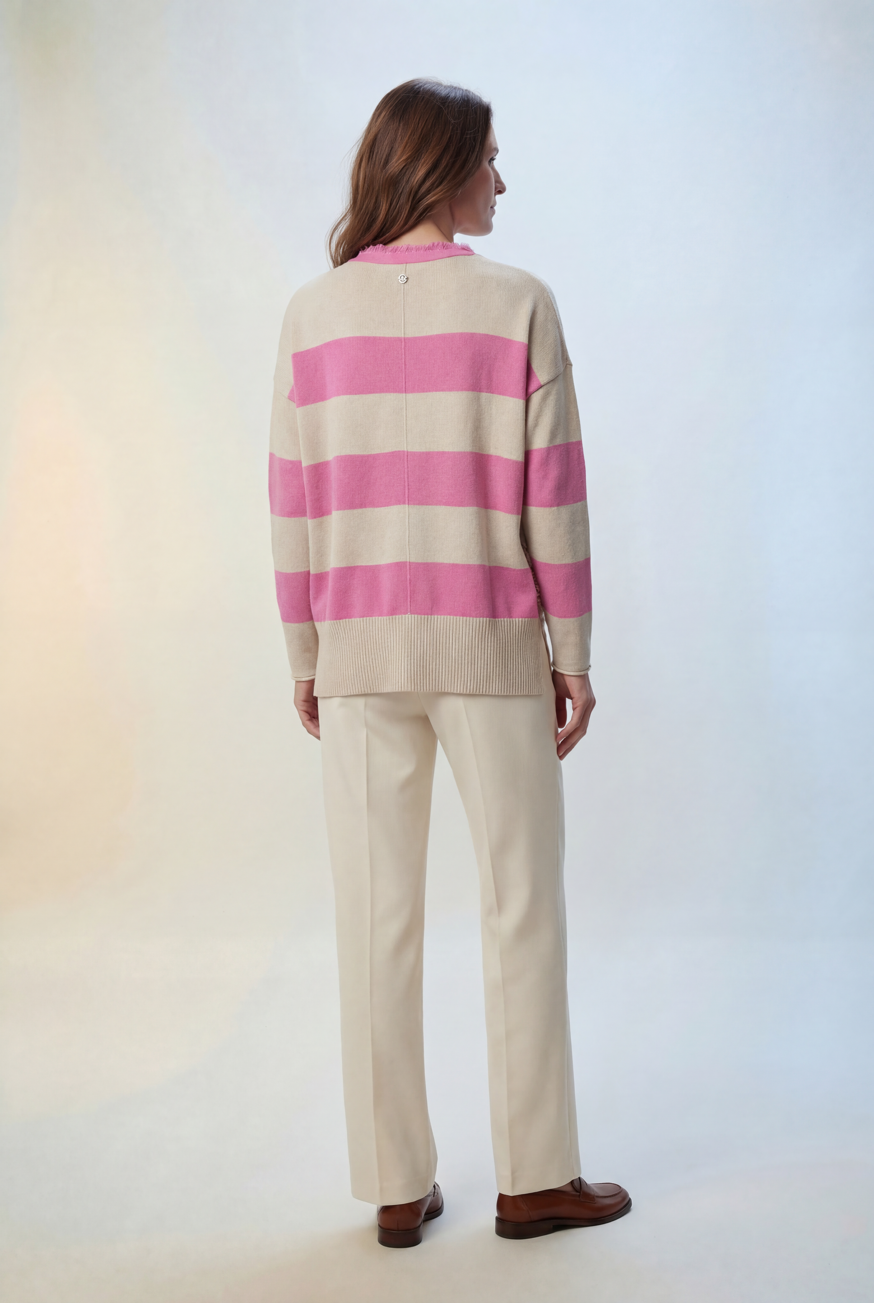 Boho Loose Pullover mit V-Ausschnitt, Blockstreifen & Fransen Pink-Beige Zaubermond