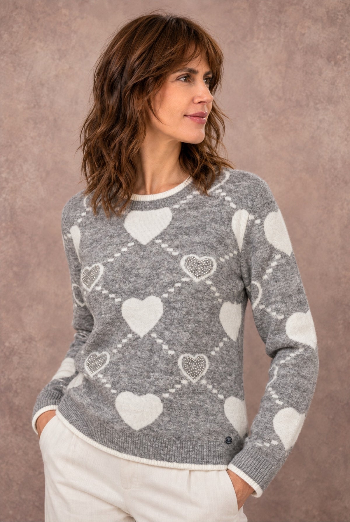 Damen Pullover Grau Weiß Herzmuster Rundhals Strass Herbst Winter Strick