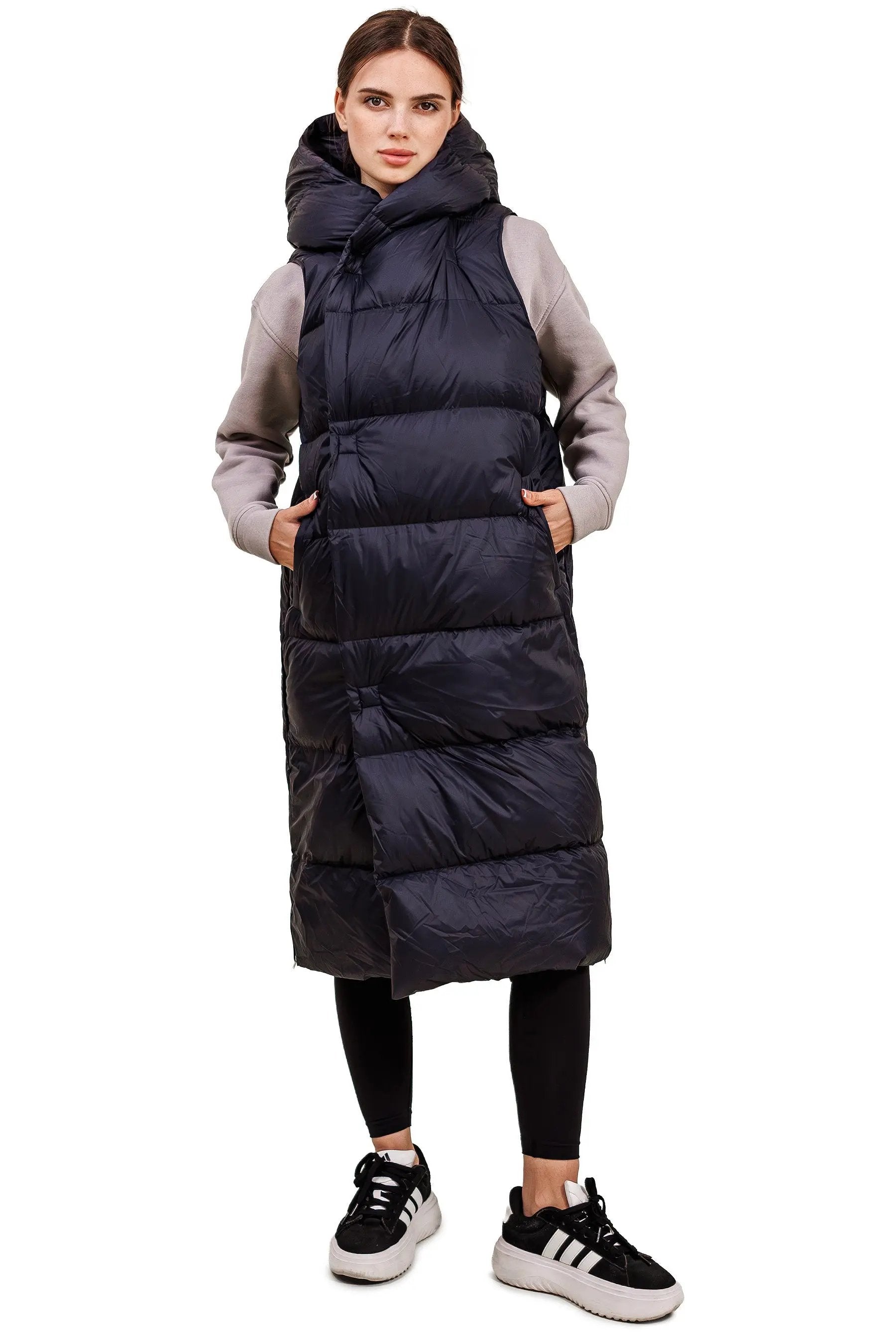 JNBY Damen lange Daunenweste mit Kapuze Herbst/Winterweste darknavy warm gefüttert JNBY