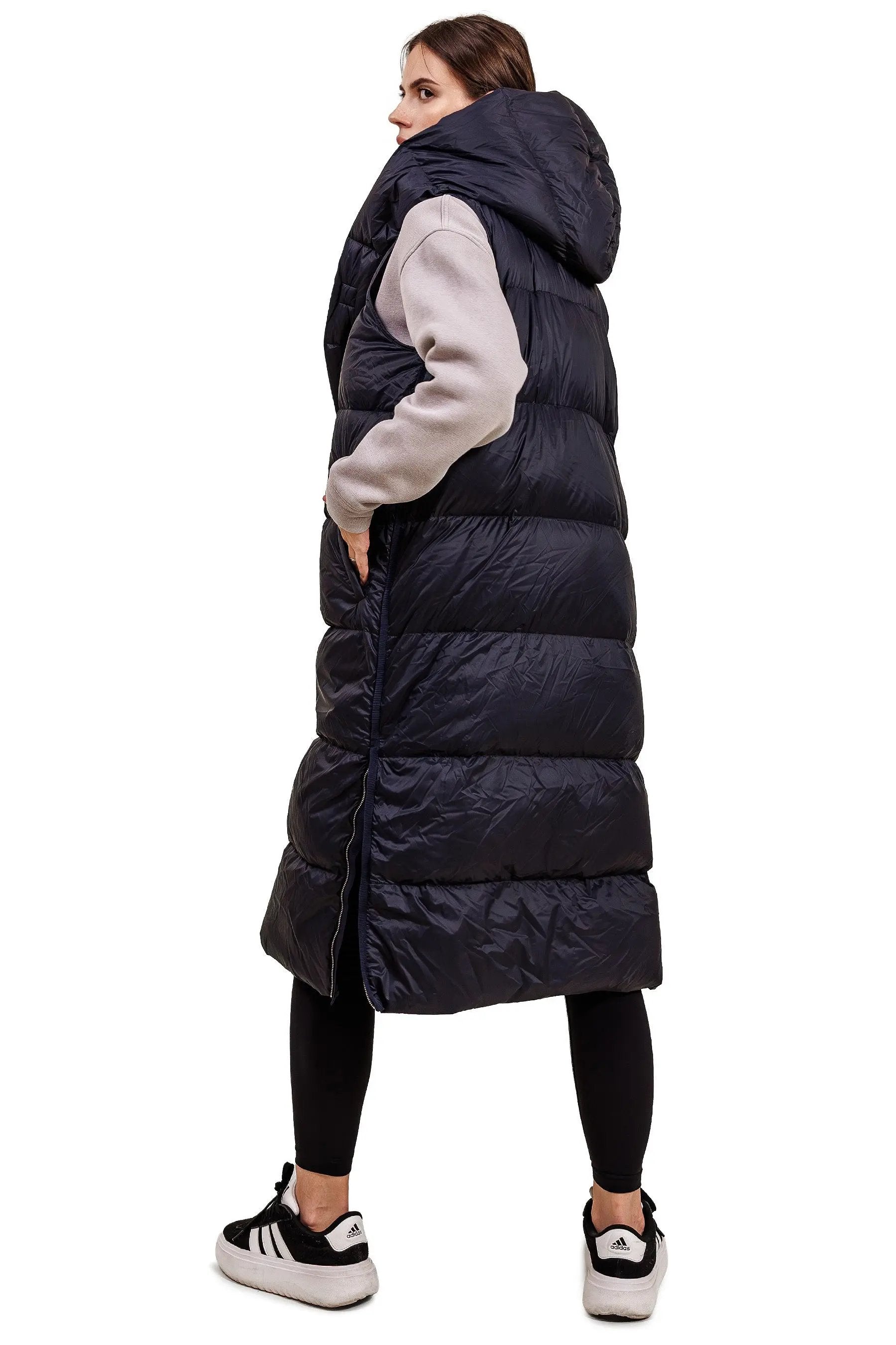 JNBY Damen lange Daunenweste mit Kapuze Herbst/Winterweste darknavy warm gefüttert JNBY