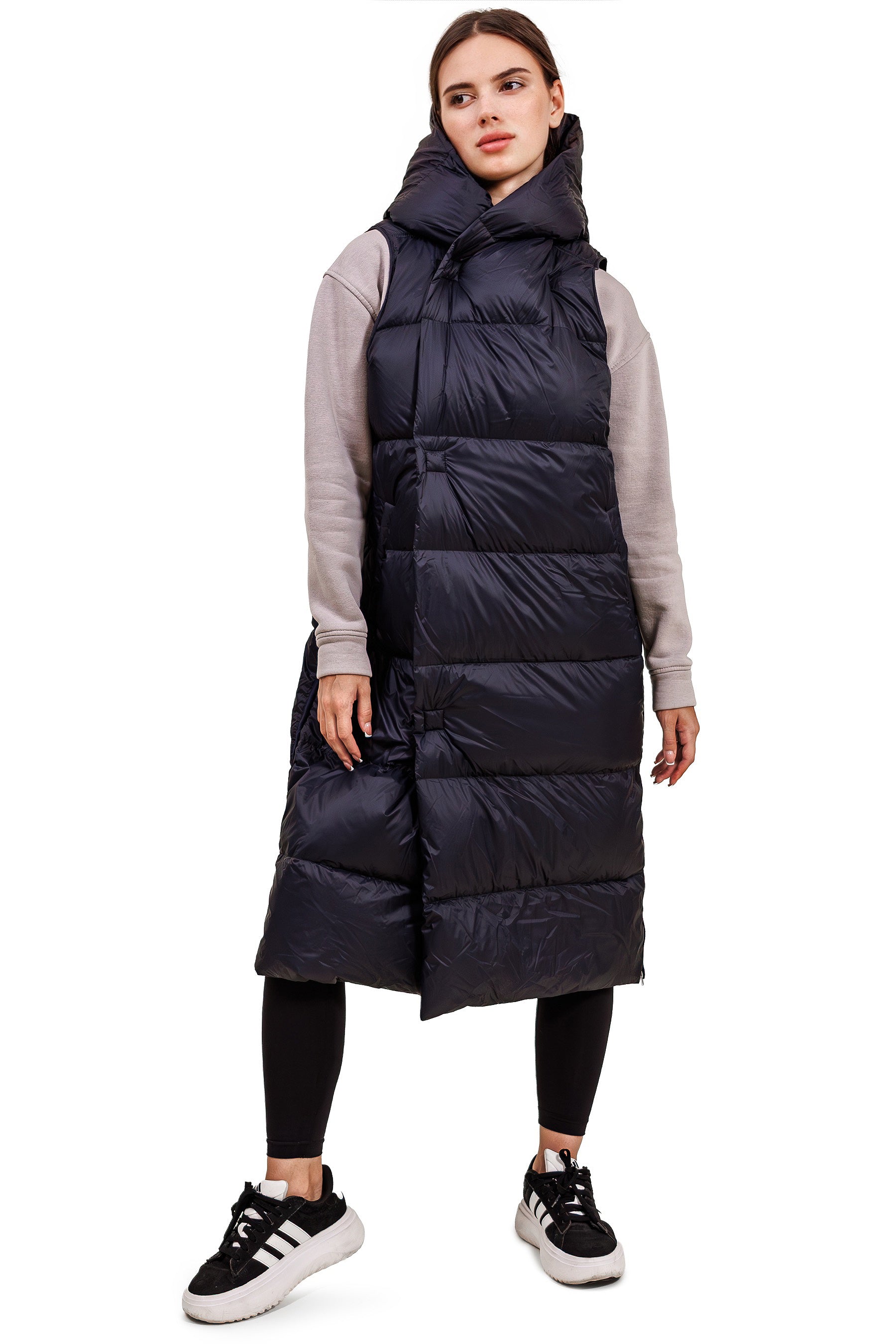 Ultraleichte Damen Daunenweste mit Kapuze, lange Steppoptik, Darknavy