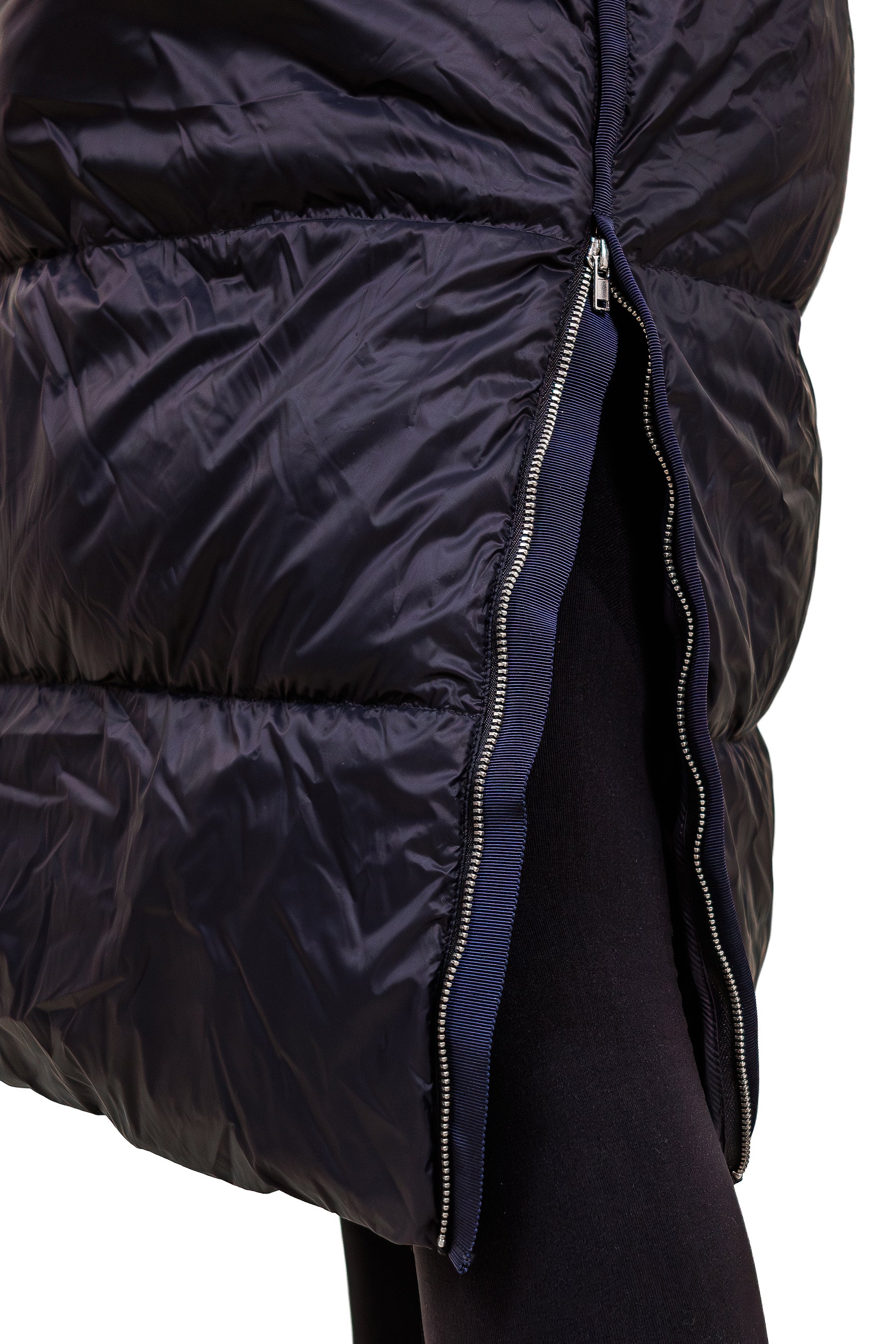 Ultraleichte Damen Daunenweste mit Kapuze, lange Steppoptik, Darknavy