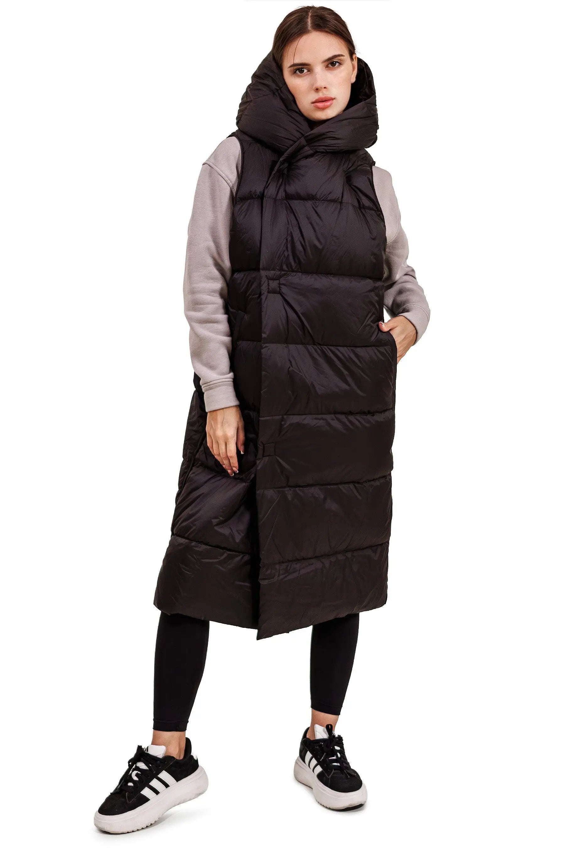 JNBY Damen lange Daunenweste mit Kapuze Herbst/Winterweste black warm gefüttert JNBY