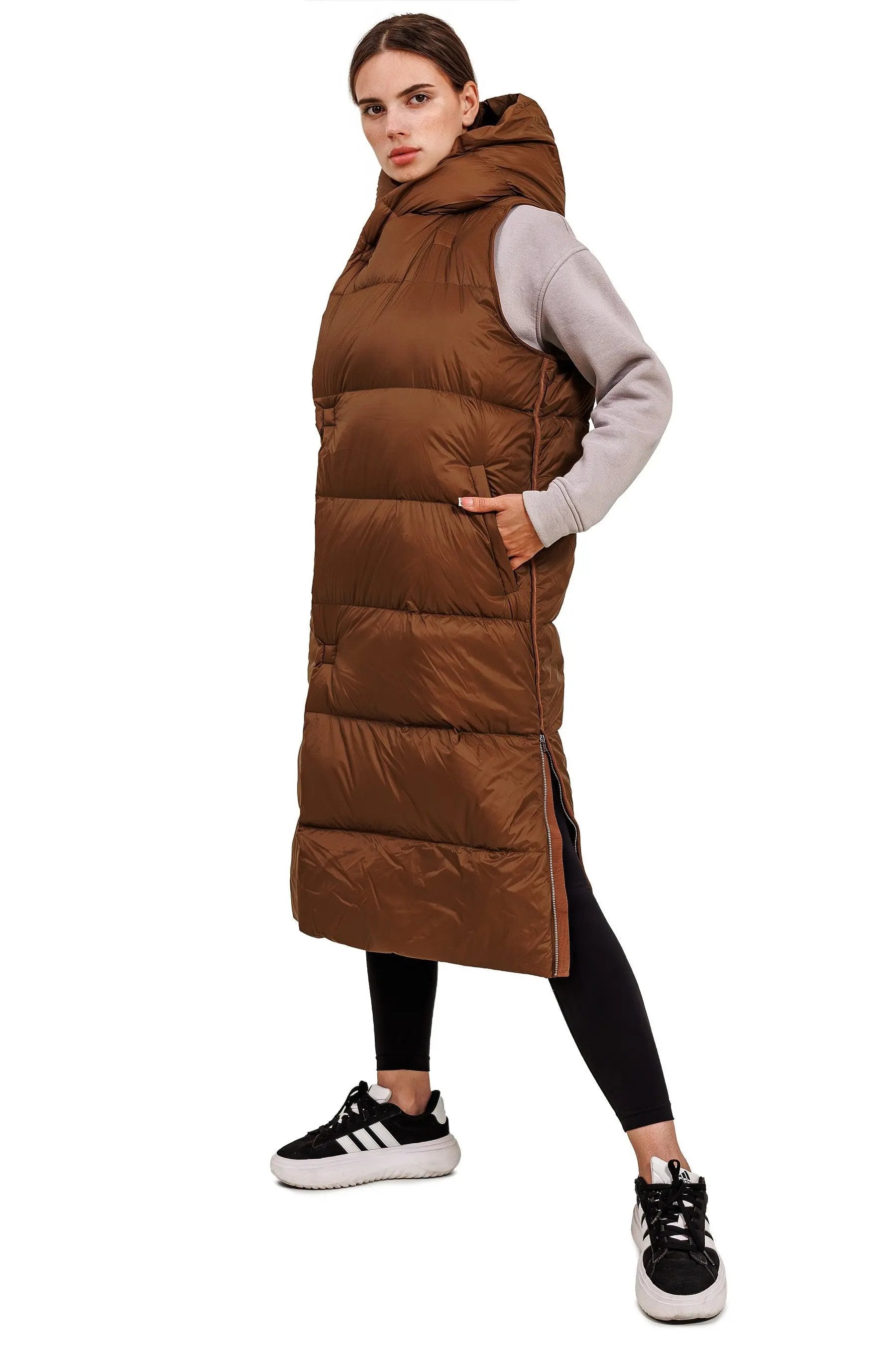 JNBY Damen lange Daunenweste mit Kapuze Herbst/Winterweste bronze warm gefüttert JNBY