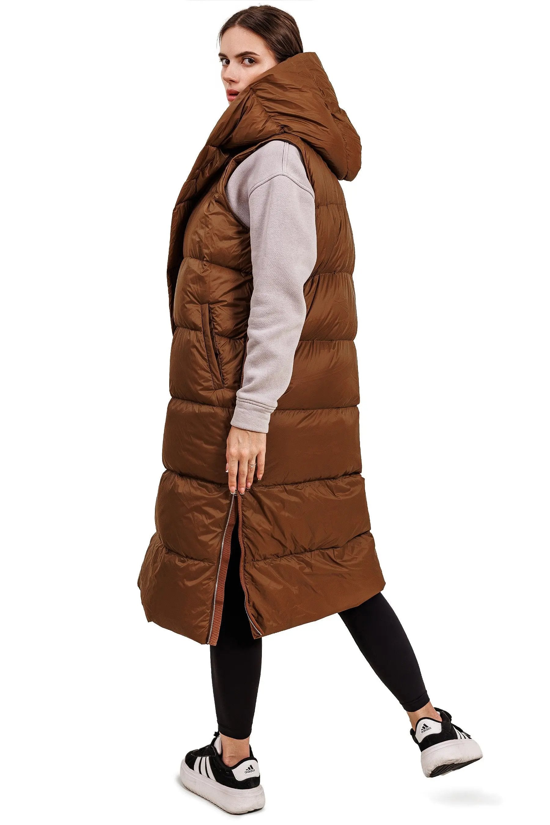 JNBY Damen lange Daunenweste mit Kapuze Herbst/Winterweste bronze warm gefüttert JNBY