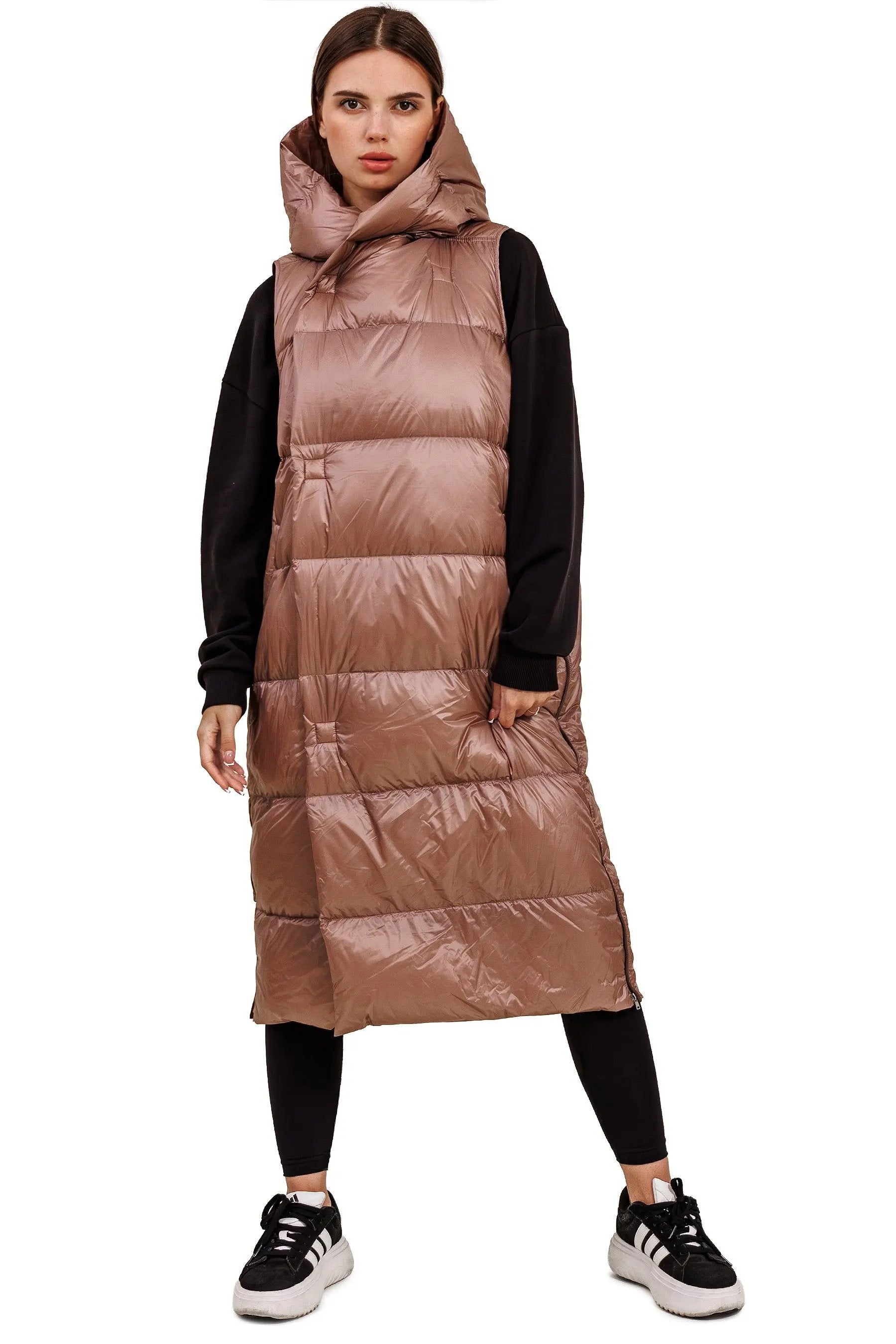 JNBY Damen lange Daunenweste mit Kapuze Herbst/Winterweste champagner rosé warm gefüttert JNBY