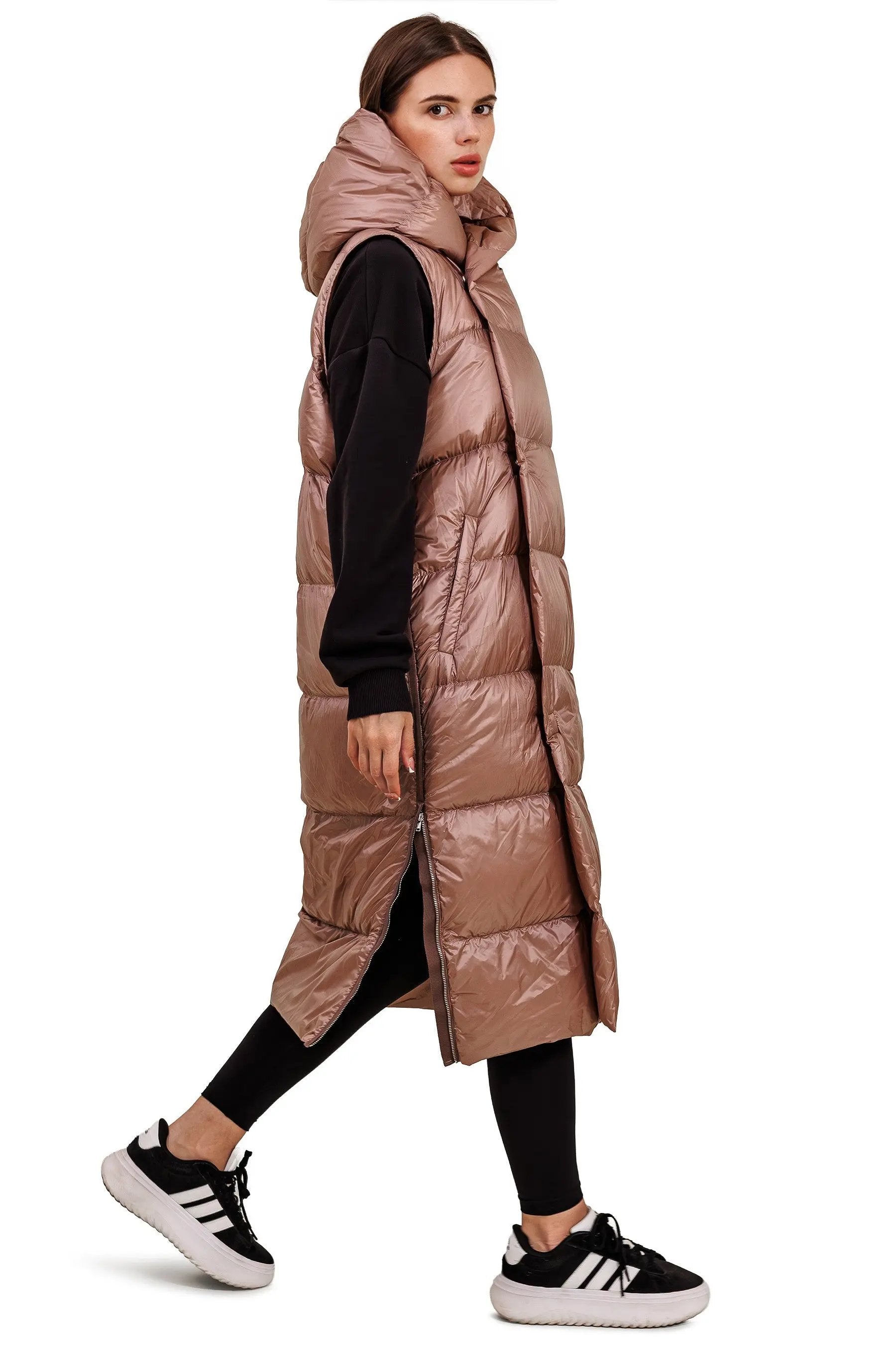 JNBY Damen lange Daunenweste mit Kapuze Herbst/Winterweste champagner rosé warm gefüttert JNBY