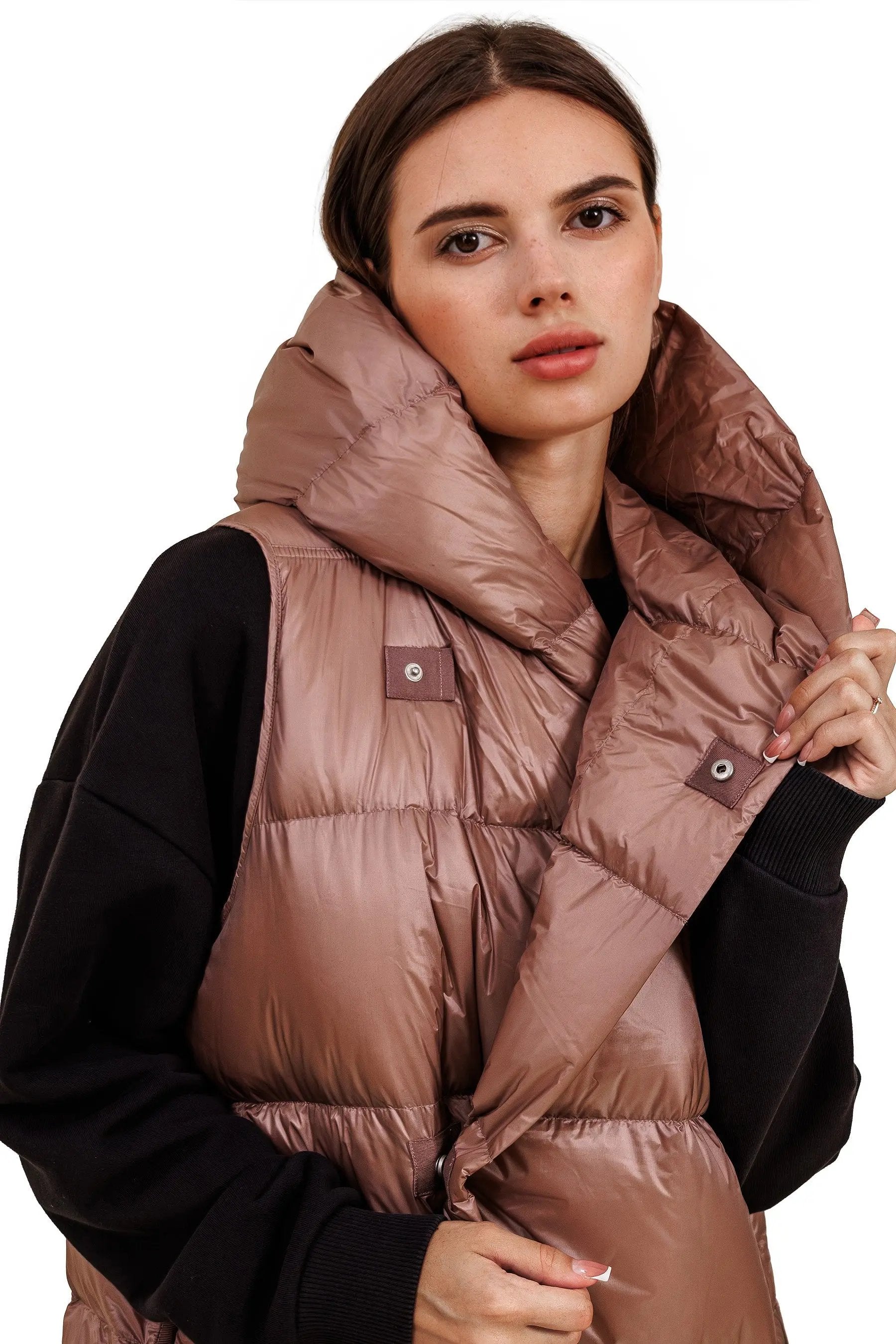 JNBY Damen lange Daunenweste mit Kapuze Herbst/Winterweste champagner rosé warm gefüttert JNBY