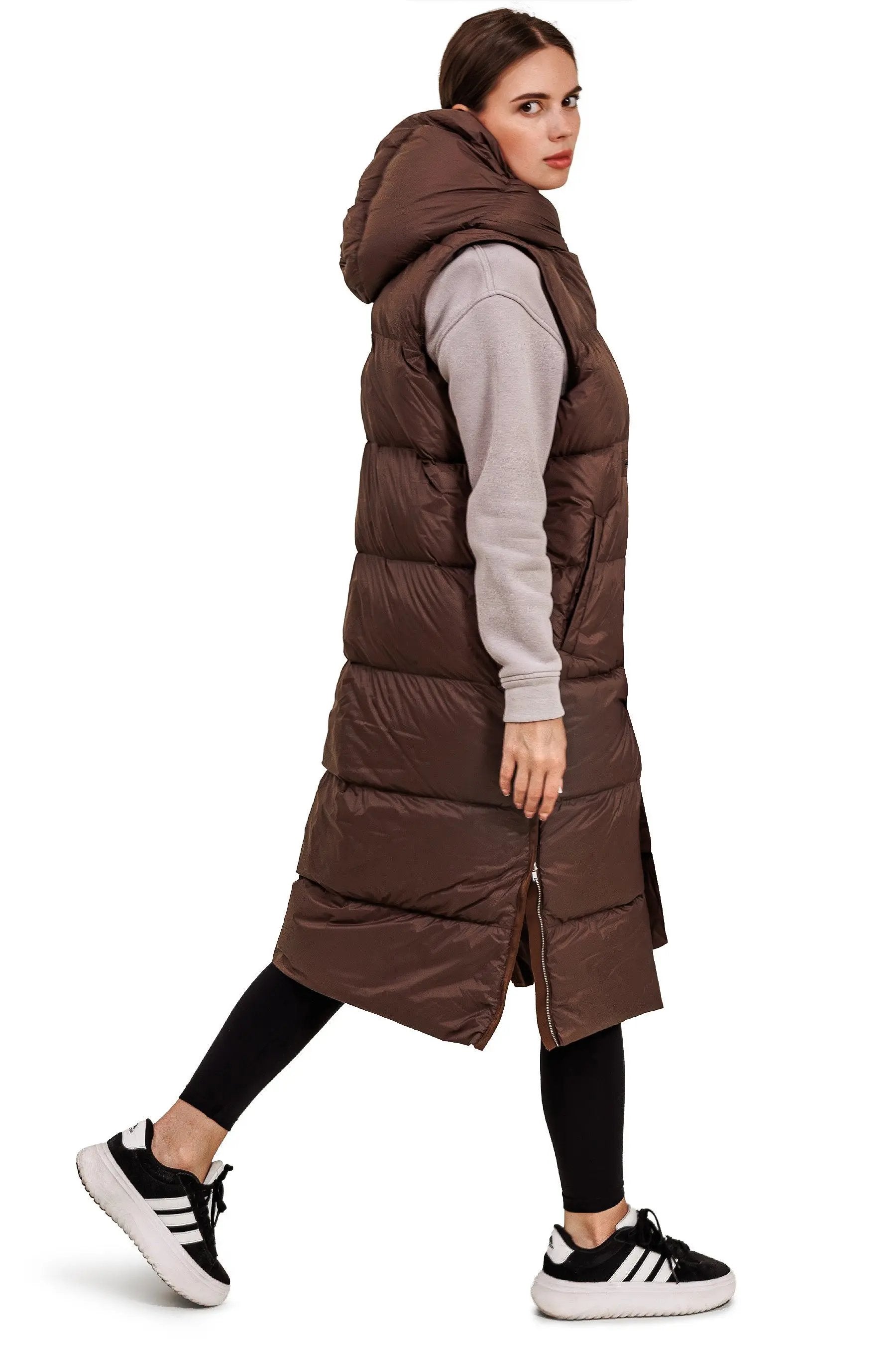 JNBY Damen lange Daunenweste mit Kapuze Herbst/Winterweste Schoko warm gefüttert JNBY