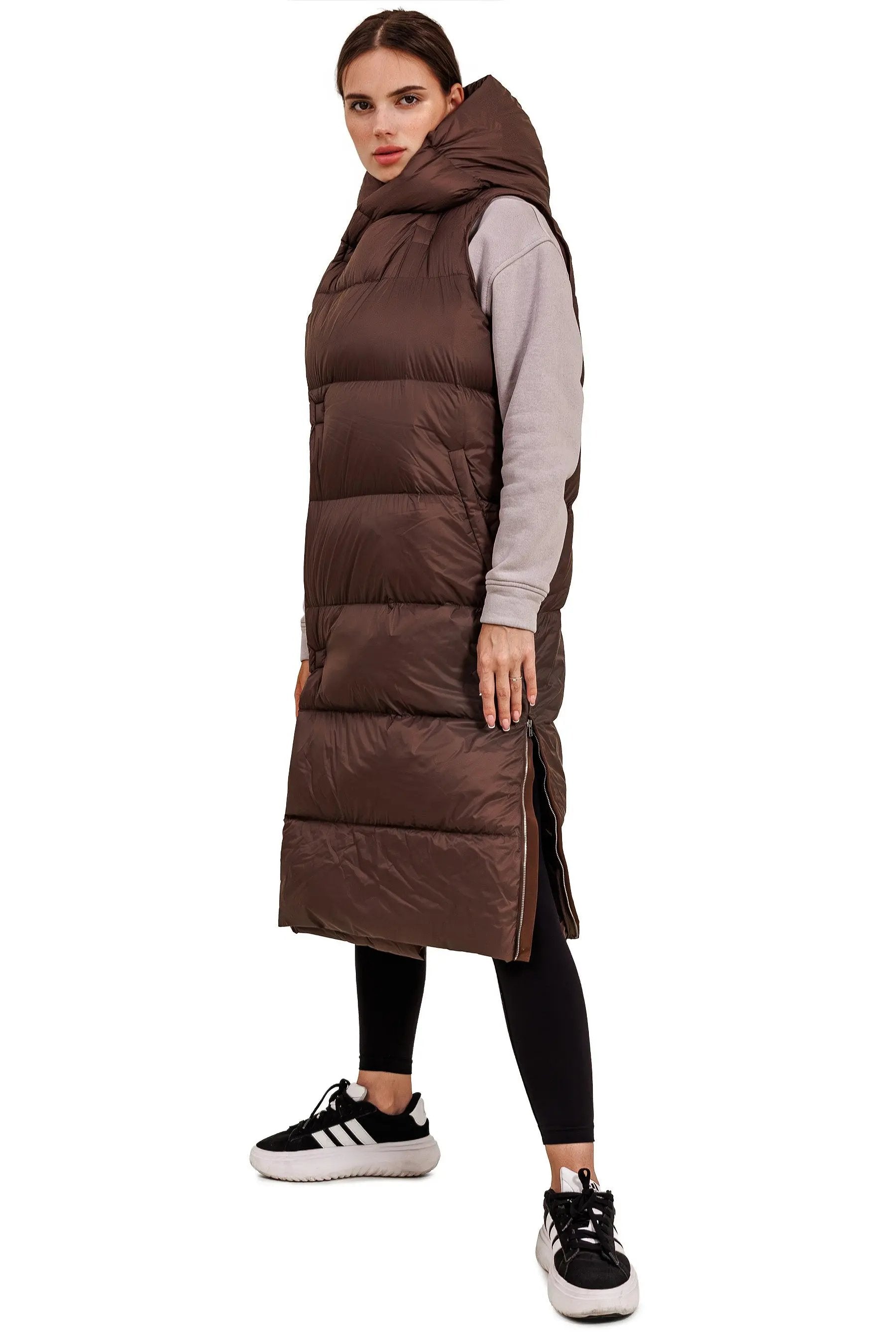 JNBY Damen lange Daunenweste mit Kapuze Herbst/Winterweste Schoko warm gefüttert JNBY