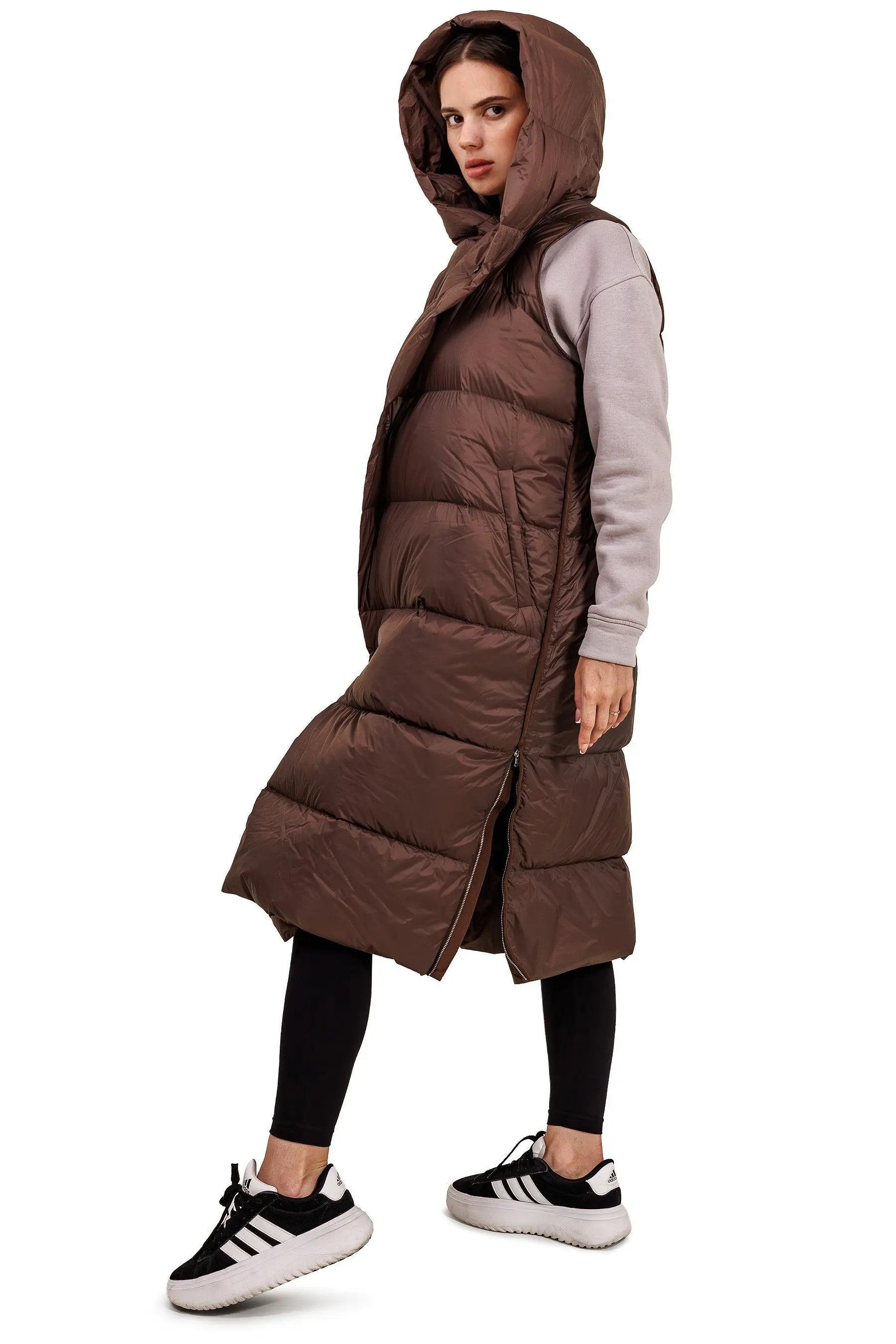 JNBY Damen lange Daunenweste mit Kapuze Herbst/Winterweste Schoko warm gefüttert JNBY