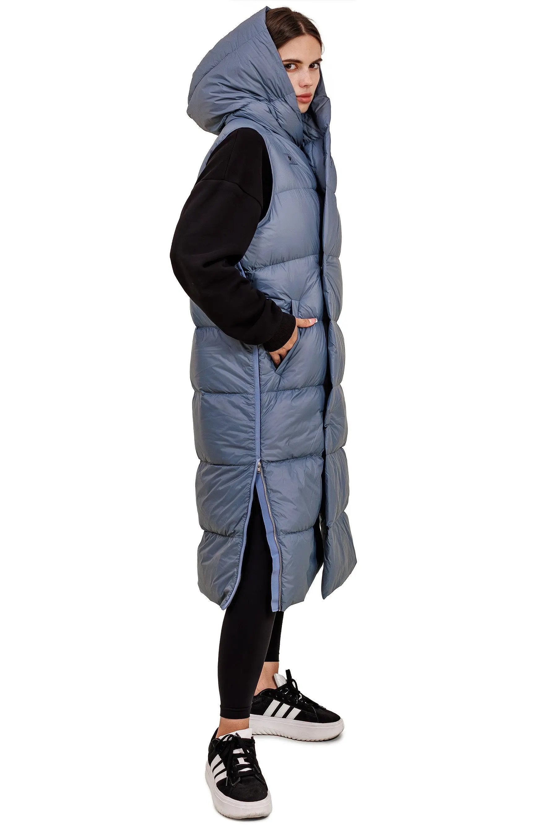 Damen lange Daunenweste mit Kapuze Herbst/Winterweste sky blue warm gefüttert JNBY