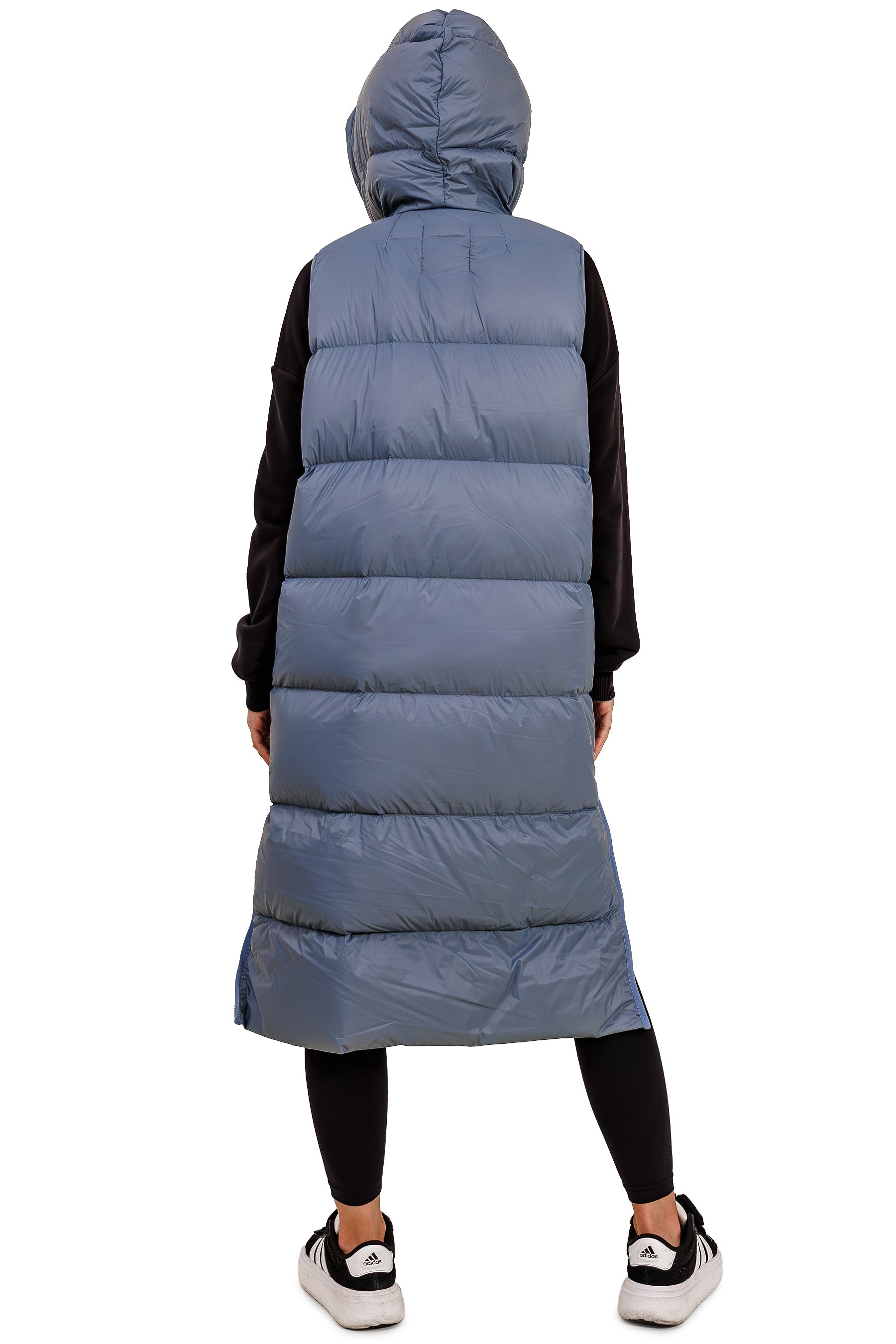 Leichte Damen Daunenweste mit Kapuze, lange Steppweste für Frühling & Herbst – Skyblue