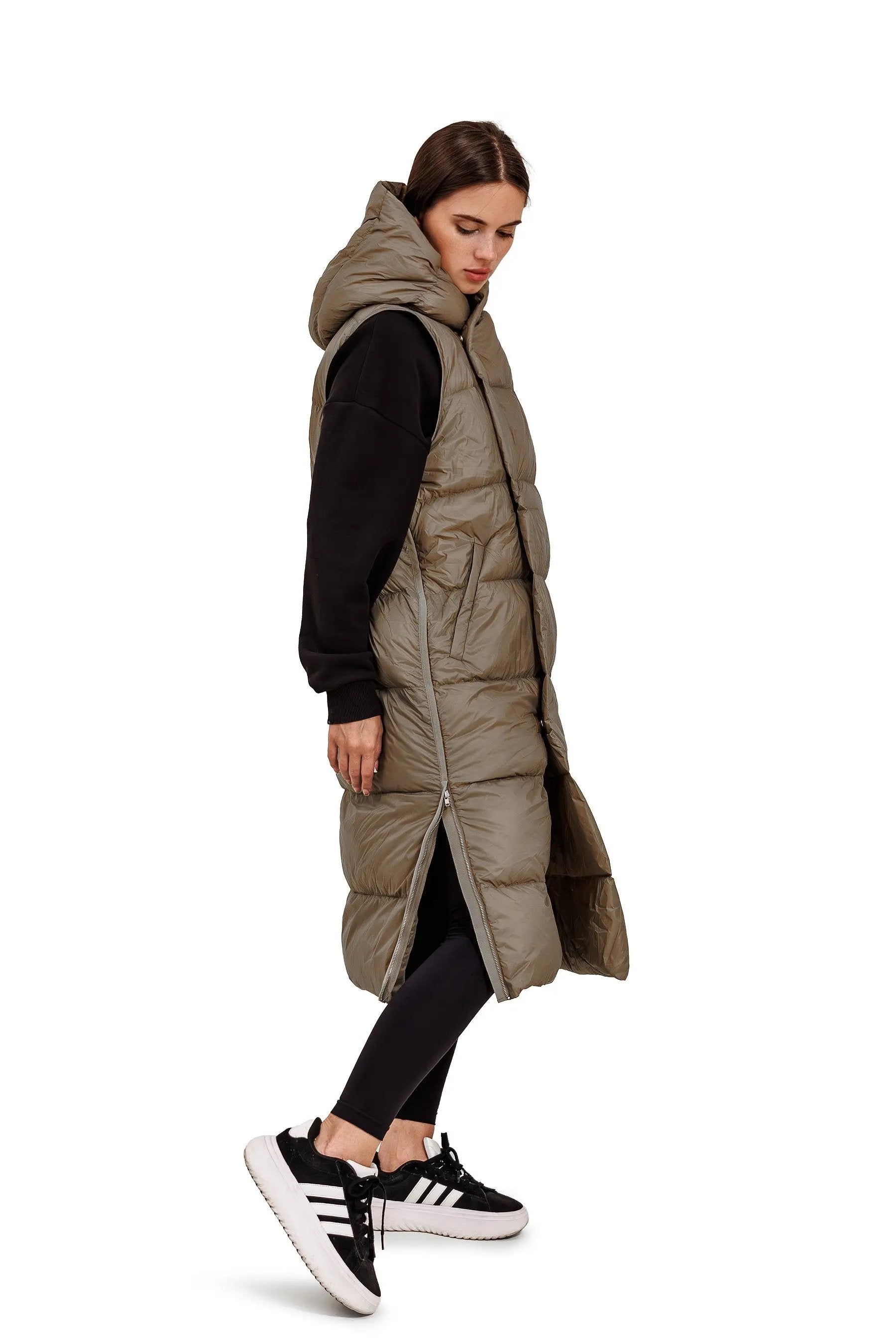 JNBY Damen lange Daunenweste mit Kapuze Herbst/Winterweste Schilf warm gefüttert JNBY