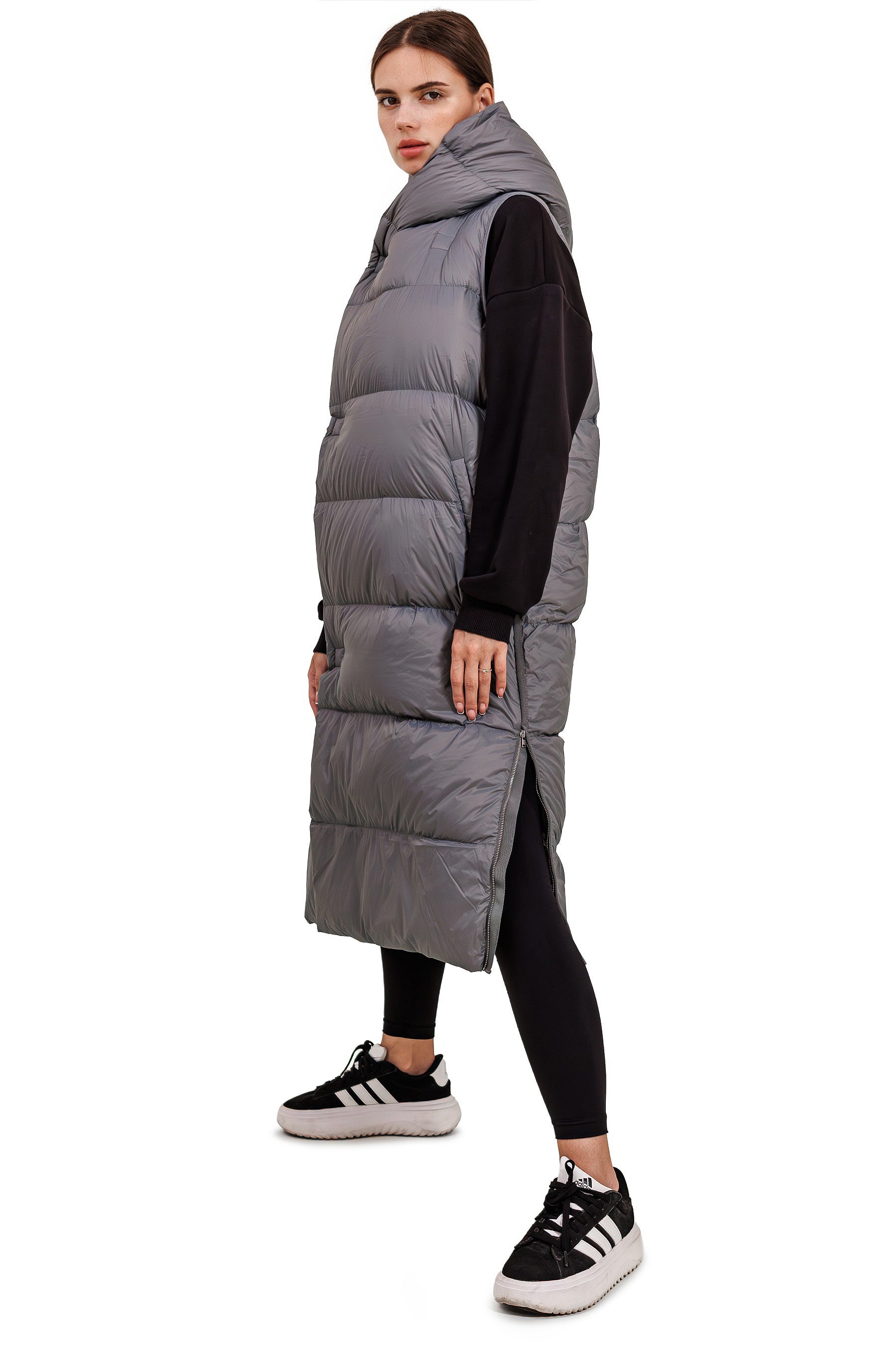Leichte Damen Daunenweste mit Kapuze, lange Steppweste für Frühling & Herbst – Grey