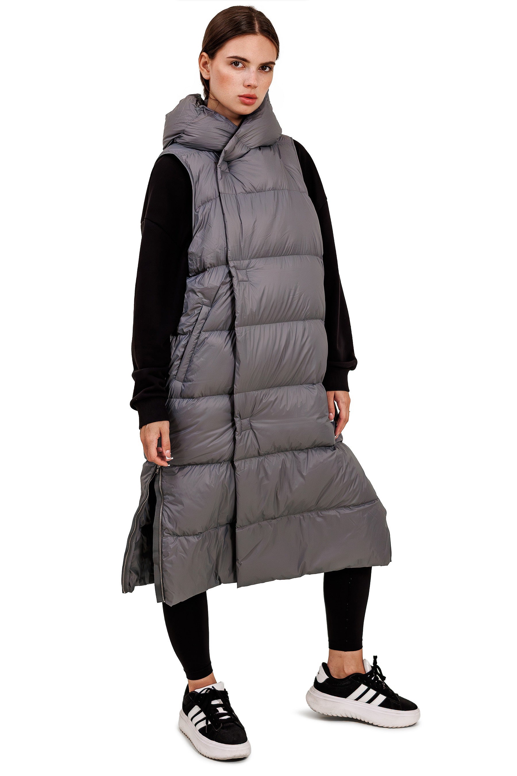 Leichte Damen Daunenweste mit Kapuze, lange Steppweste für Frühling & Herbst – Grey