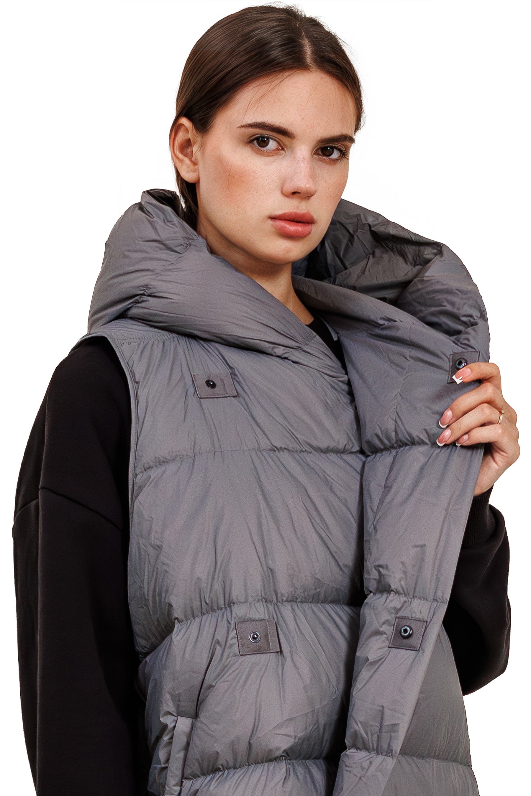 Leichte Damen Daunenweste mit Kapuze, lange Steppweste für Frühling & Herbst – Grey