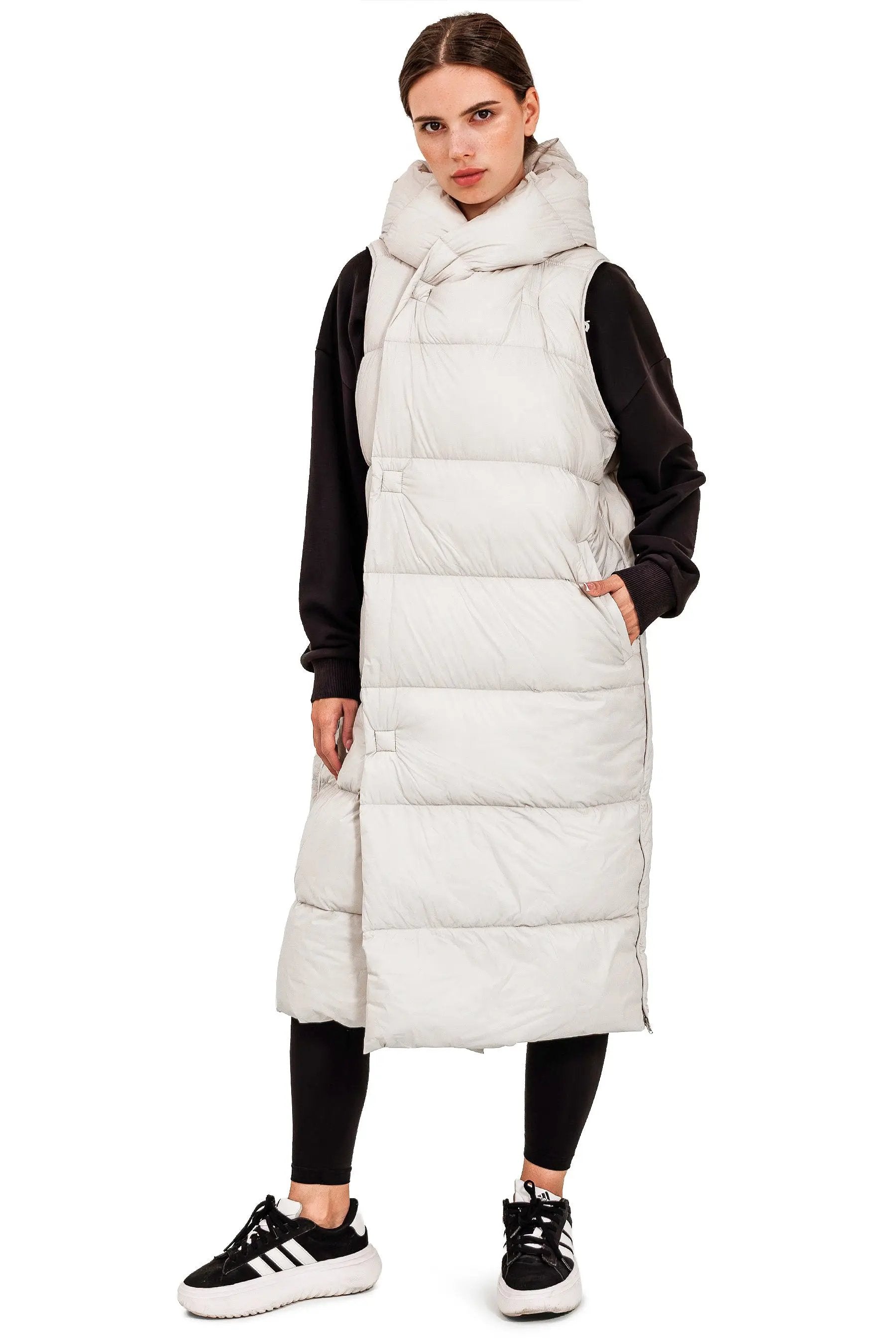 JNBY Damen lange Daunenweste mit Kapuze Herbst/Winterweste Stone warm gefüttert JNBY