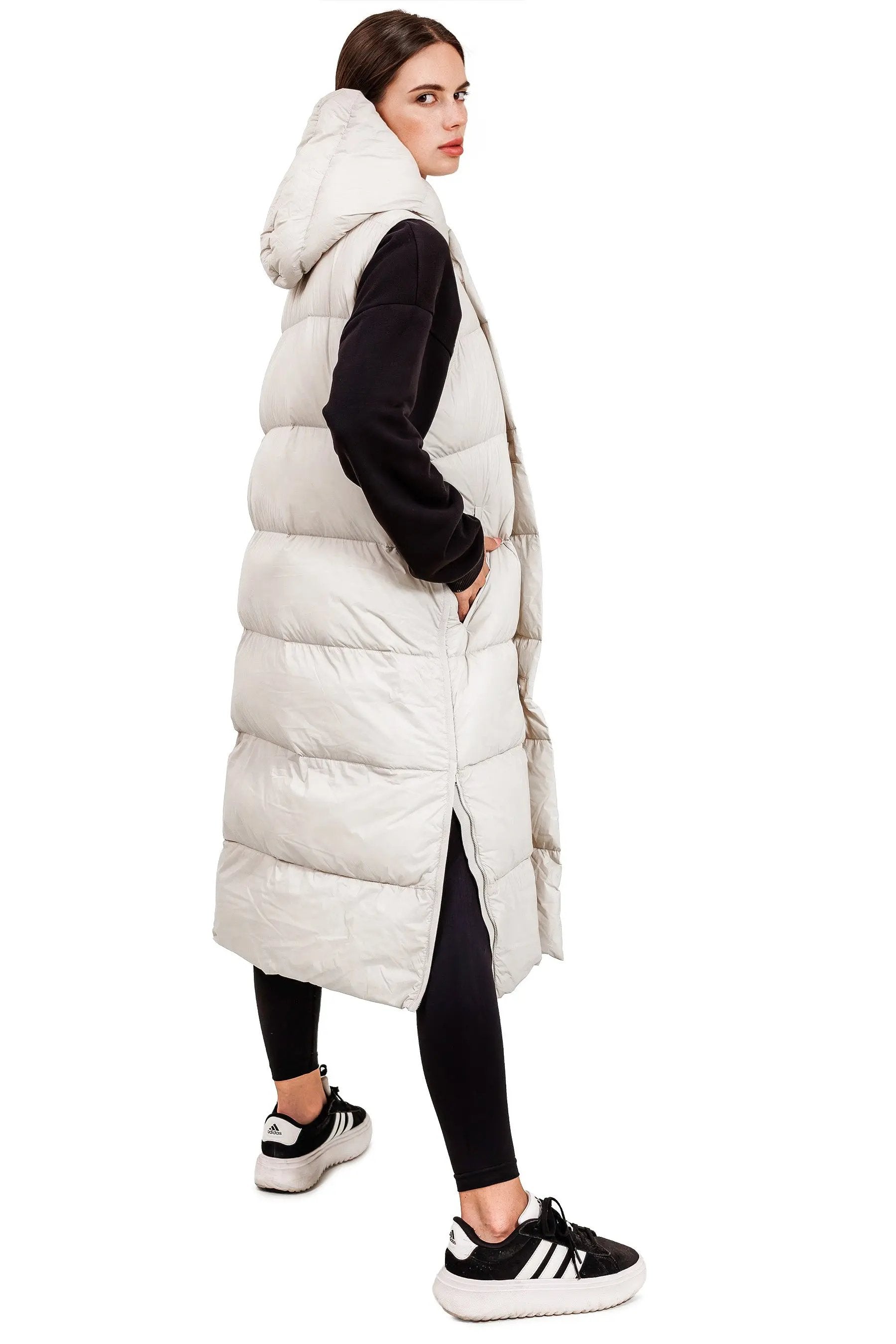 JNBY Damen lange Daunenweste mit Kapuze Herbst/Winterweste Stone warm gefüttert JNBY