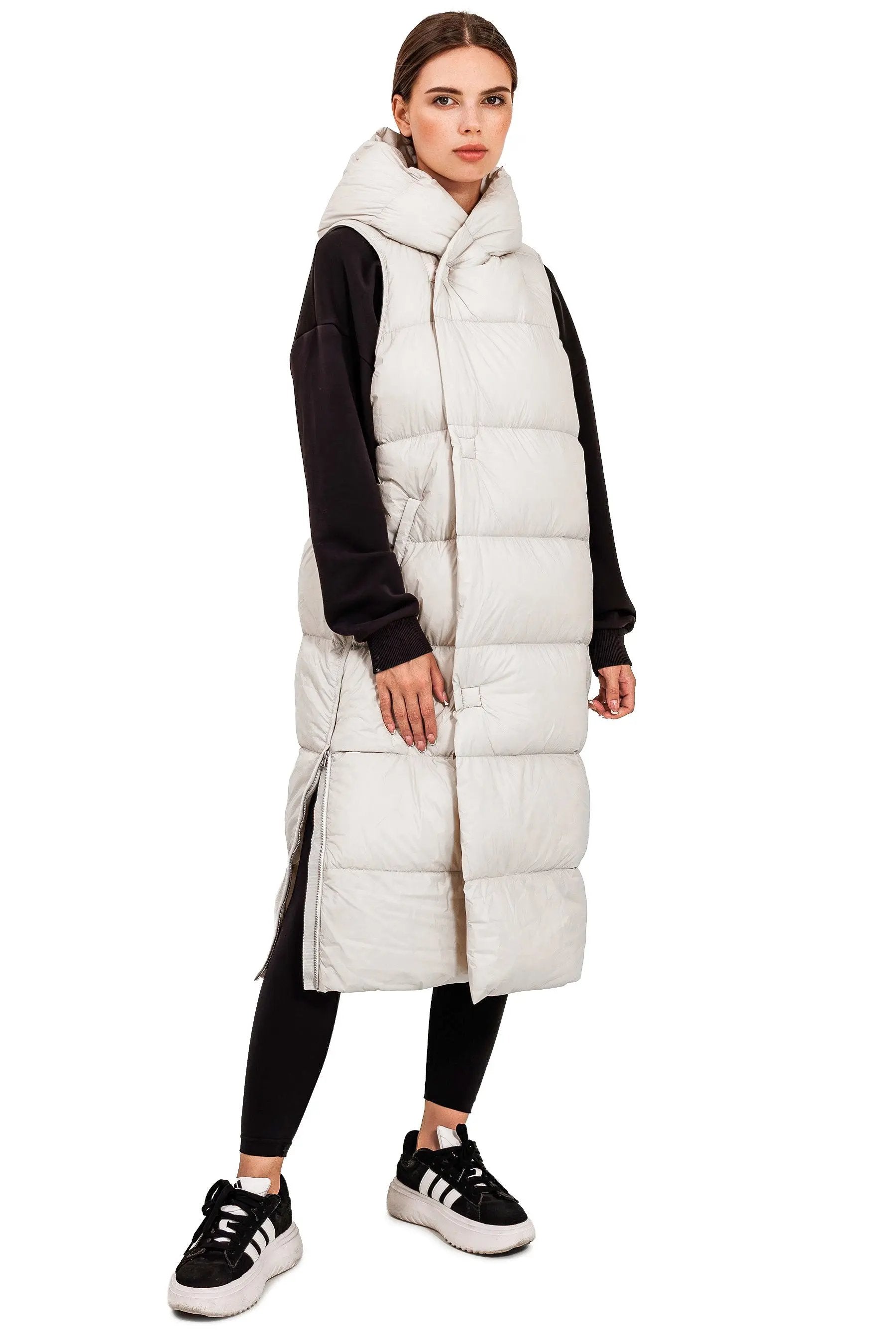 JNBY Damen lange Daunenweste mit Kapuze Herbst/Winterweste Stone warm gefüttert JNBY