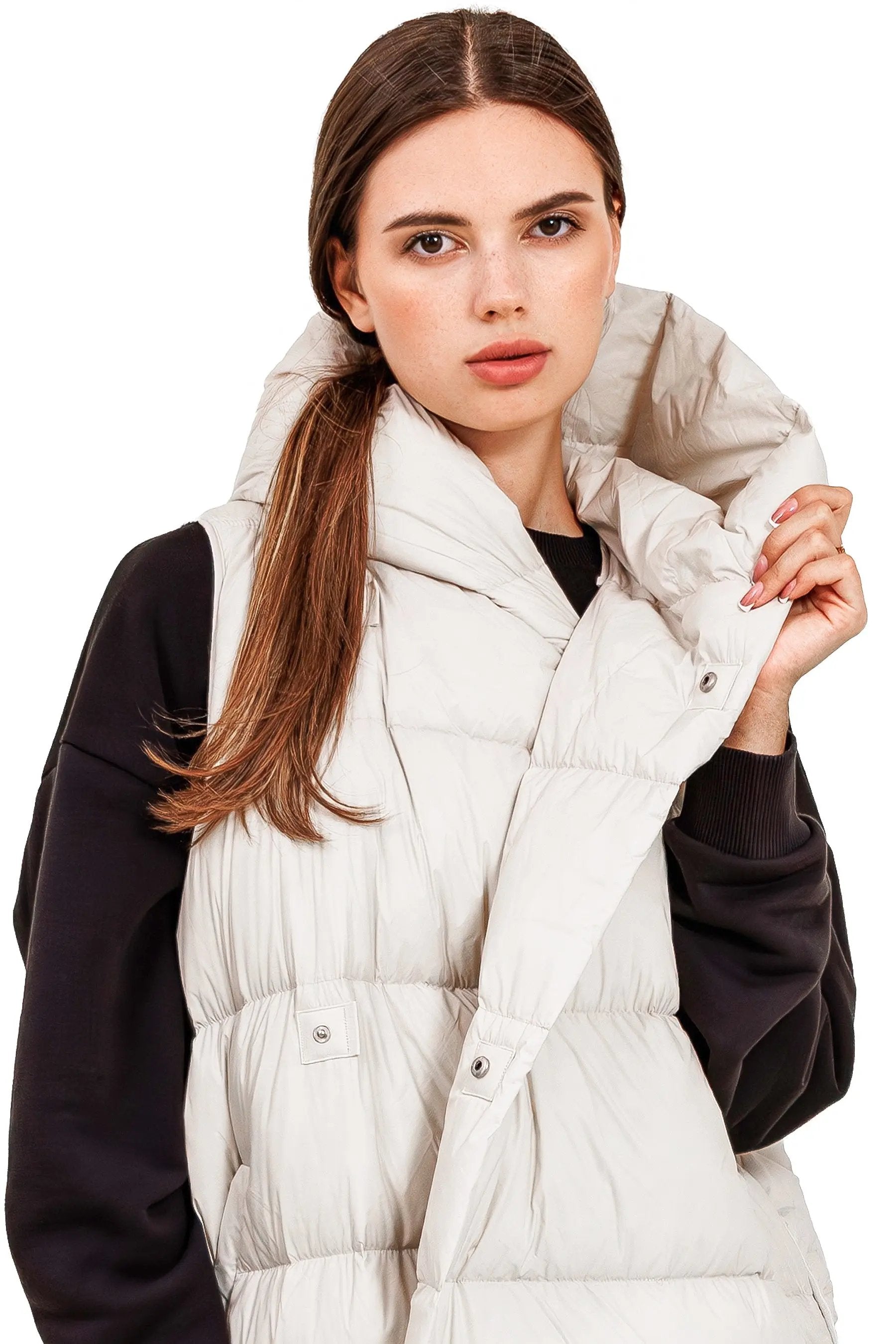 JNBY Damen lange Daunenweste mit Kapuze Herbst/Winterweste Stone warm gefüttert JNBY