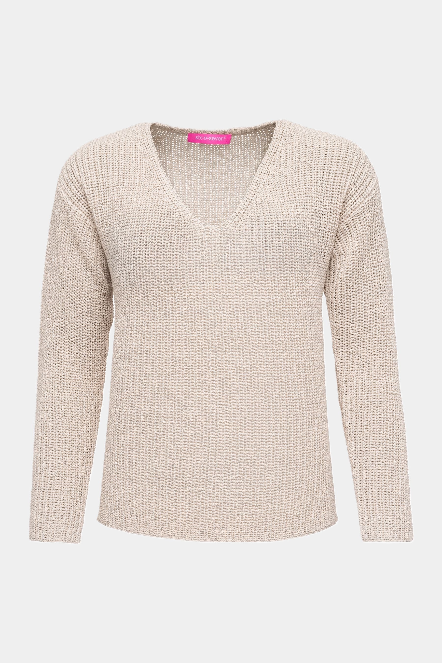 Six-o-Seven Baumwoll-Strickpullover mit V-Ausschnitt und versetzten Schultern in KITT six-o-seven