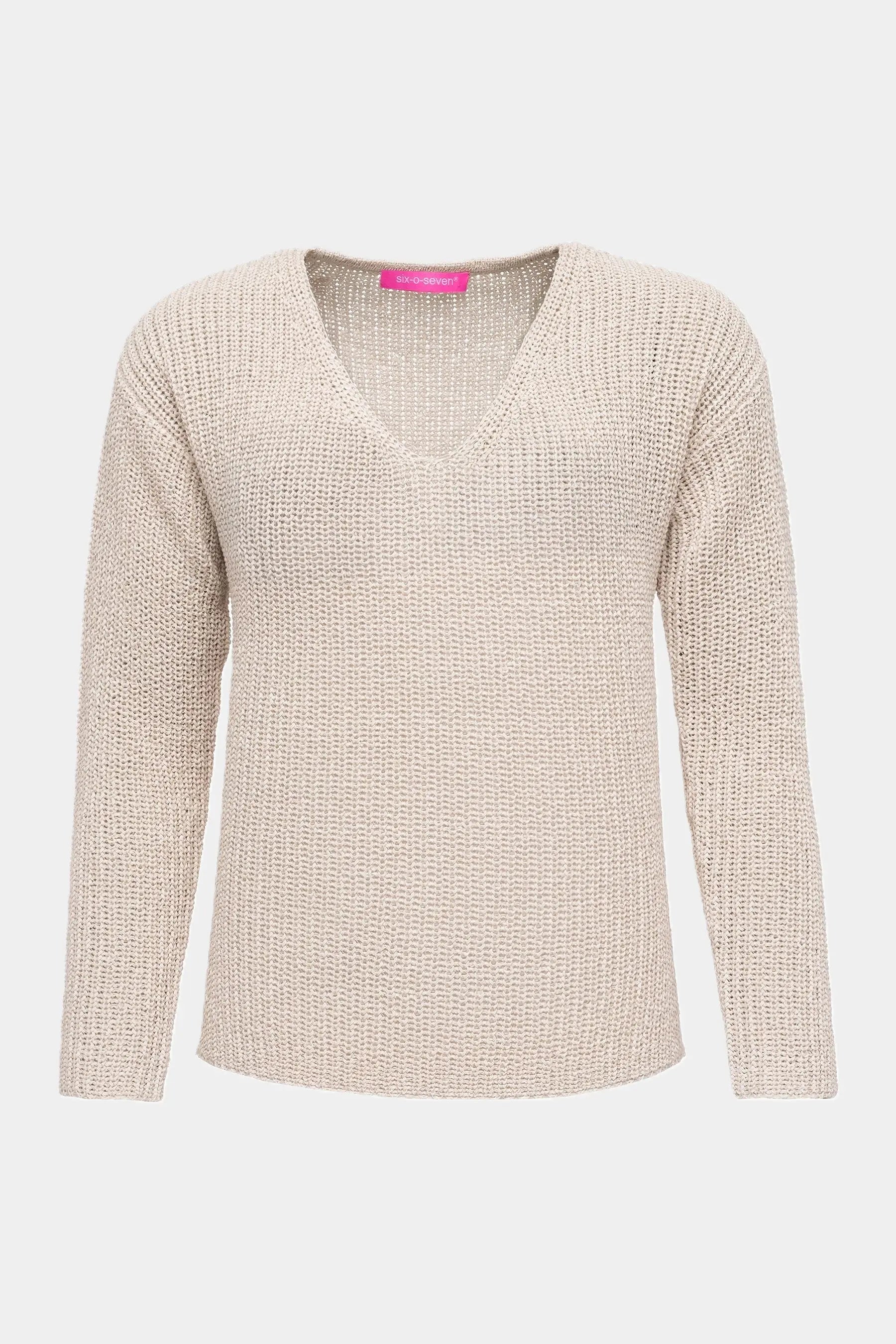 Six-o-Seven Baumwoll-Strickpullover mit V-Ausschnitt und versetzten Schultern in KITT six-o-seven