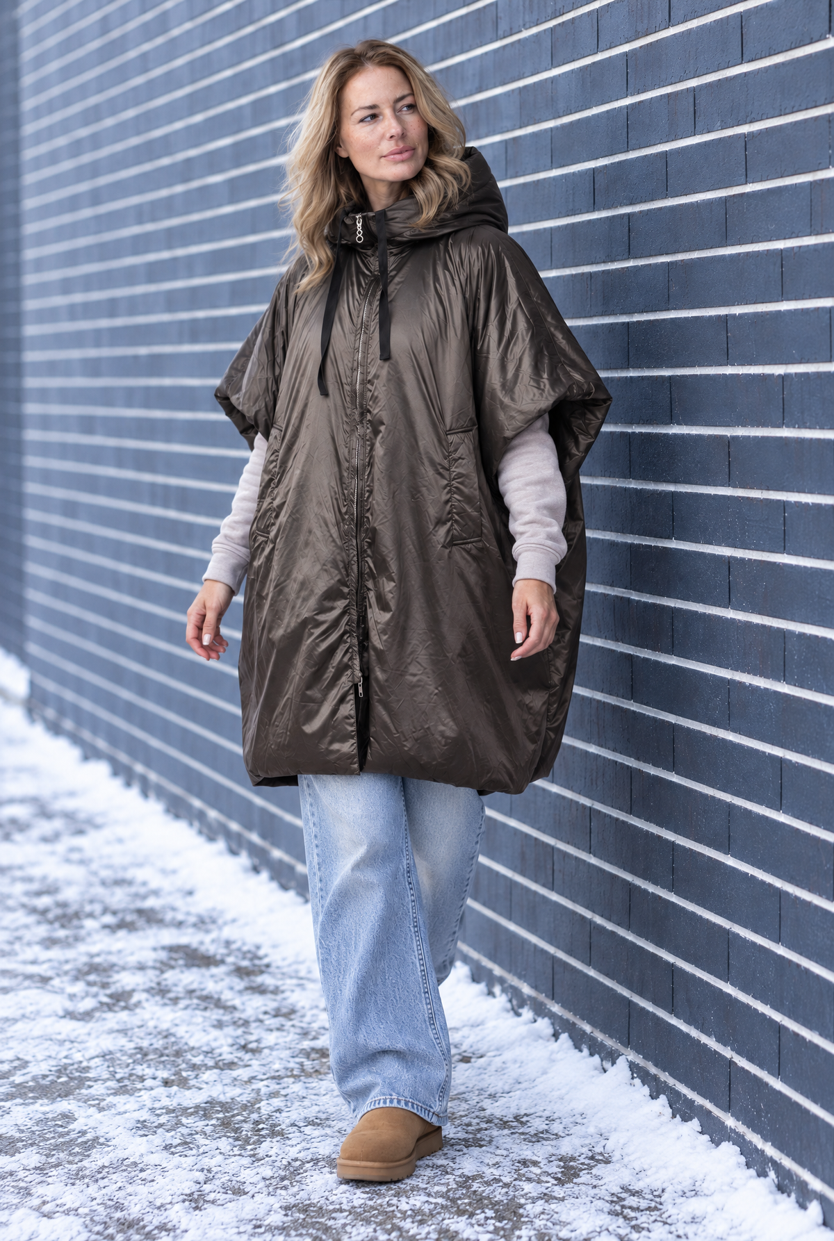 Modern Down Poncho with Elastic Drawstring and Hood in Silver/Gray, Fall