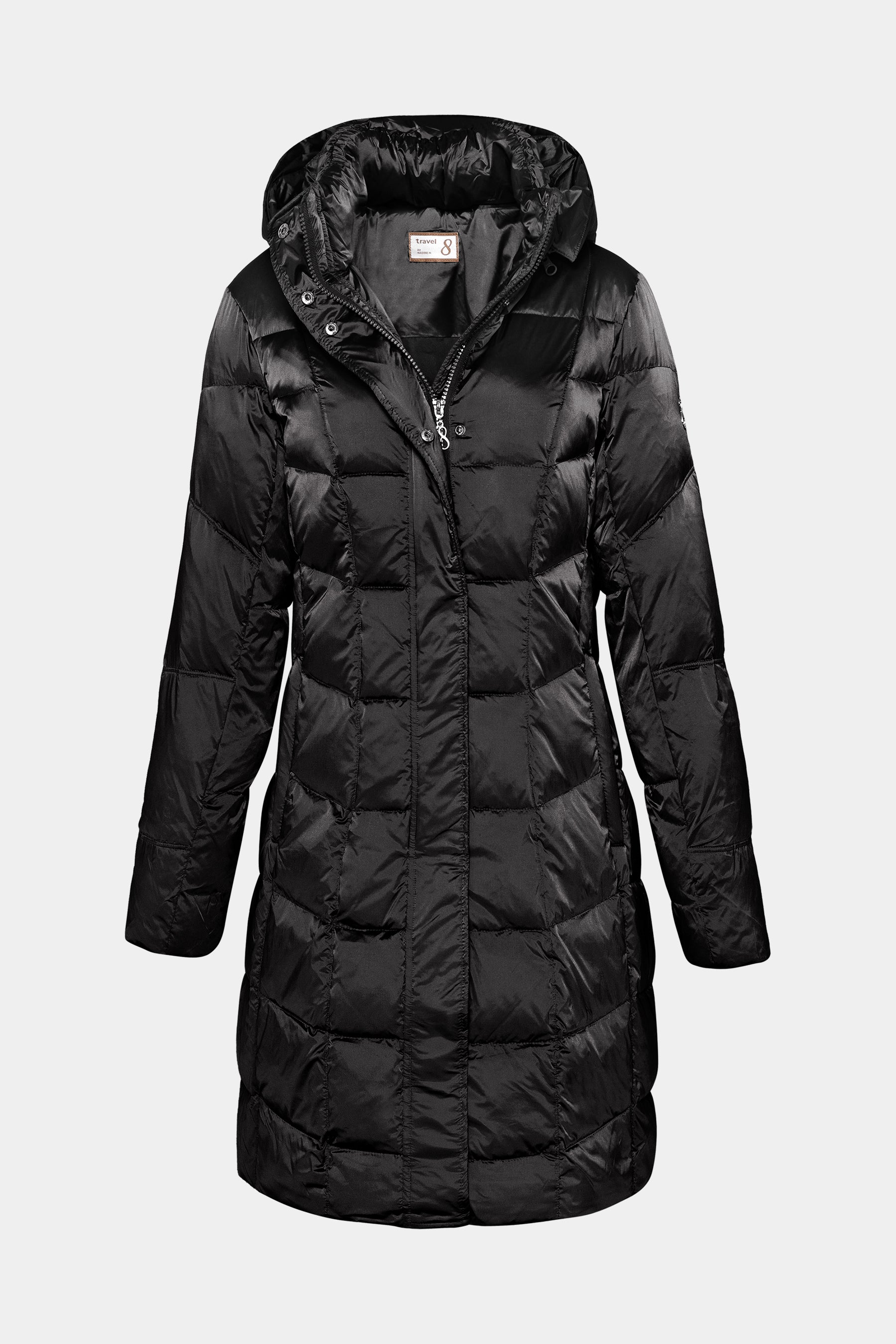 Taillada chaqueta de plumas para mujer con capucha desmontable negra