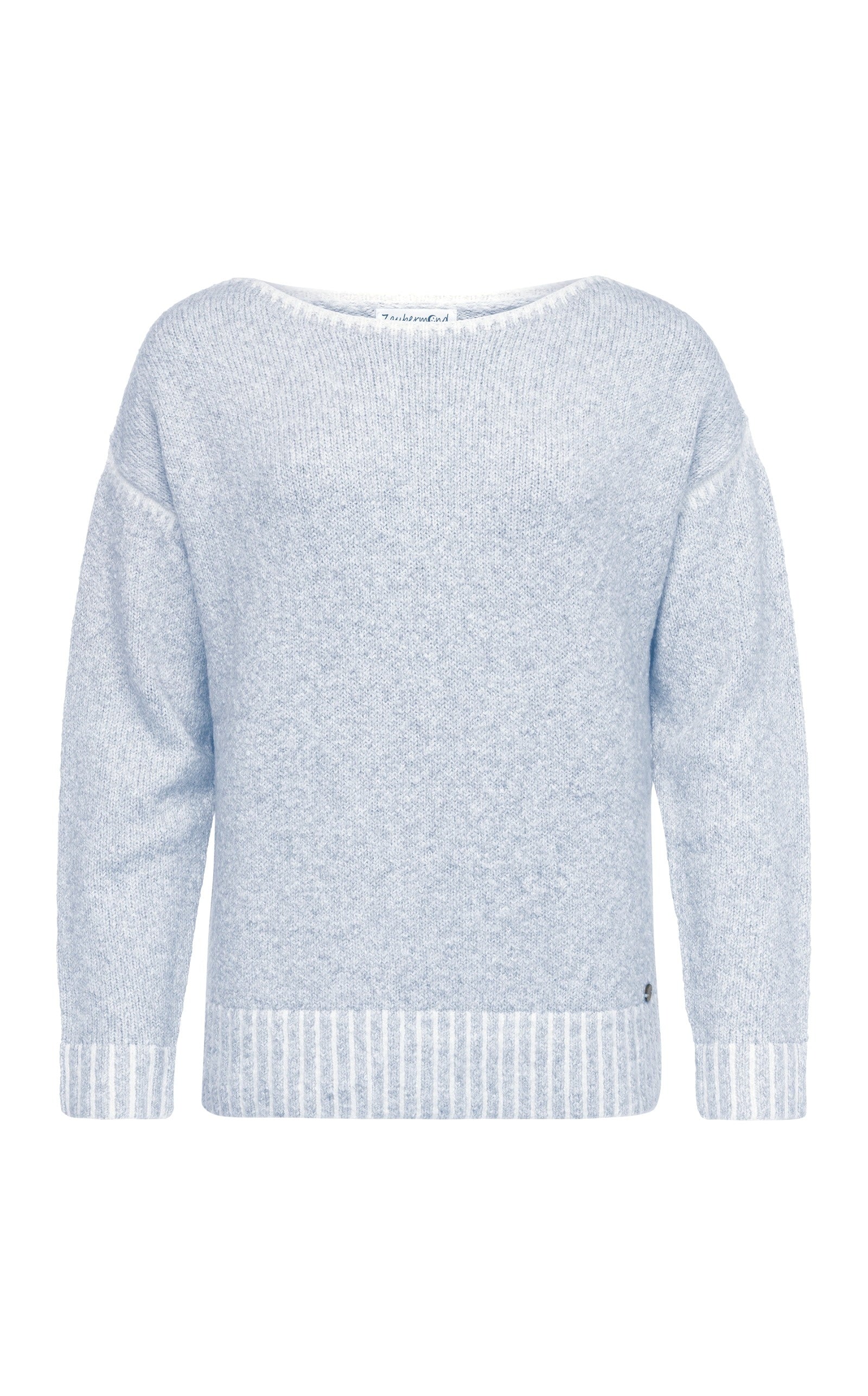 Blau melierter Kontrastpullover mit U-Boot Kragen und Anhänger Damen