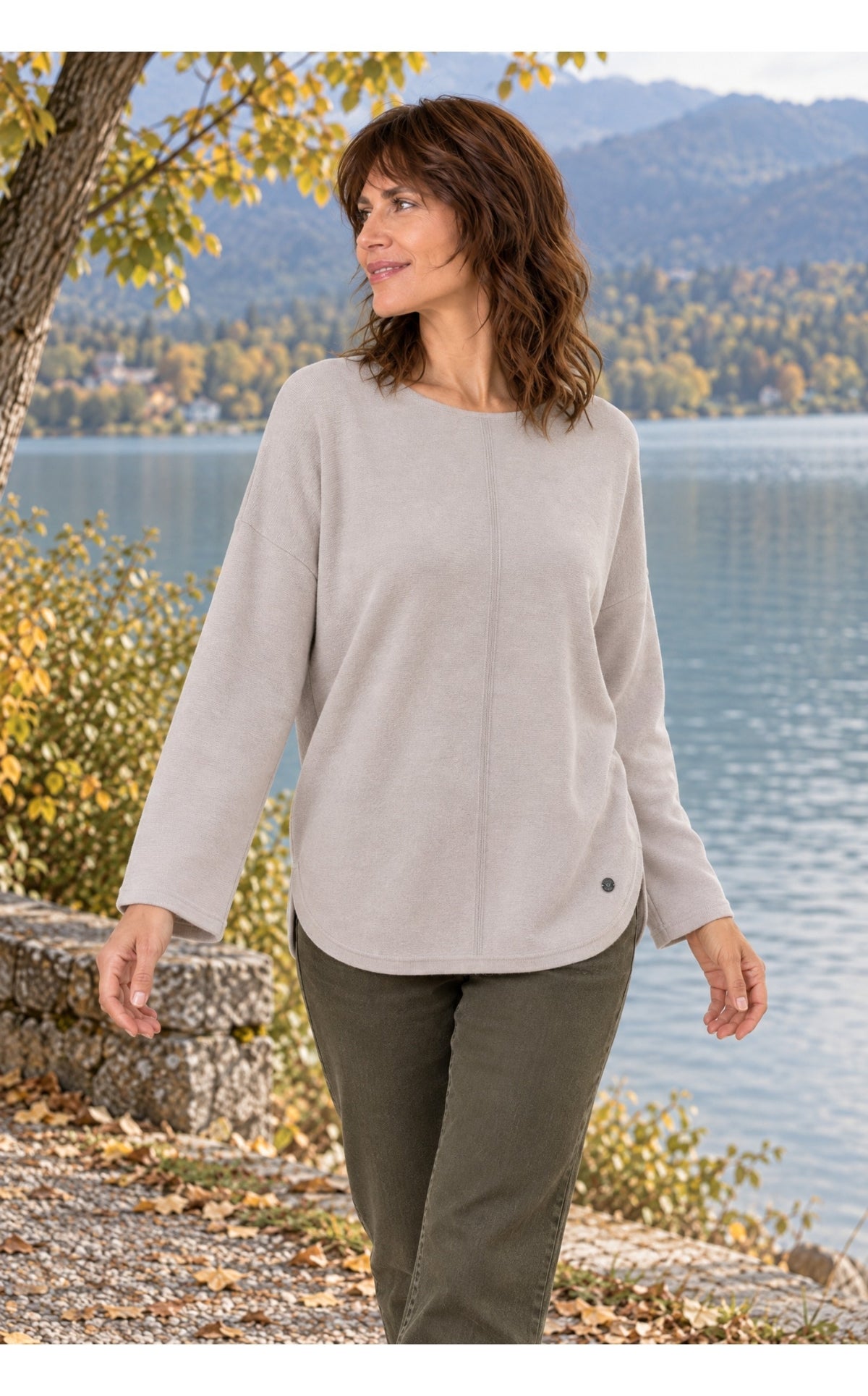 Damen Pullover Beige Feinstrick Rundhals Oversize Kaschmir Wolle Herbst Winter
