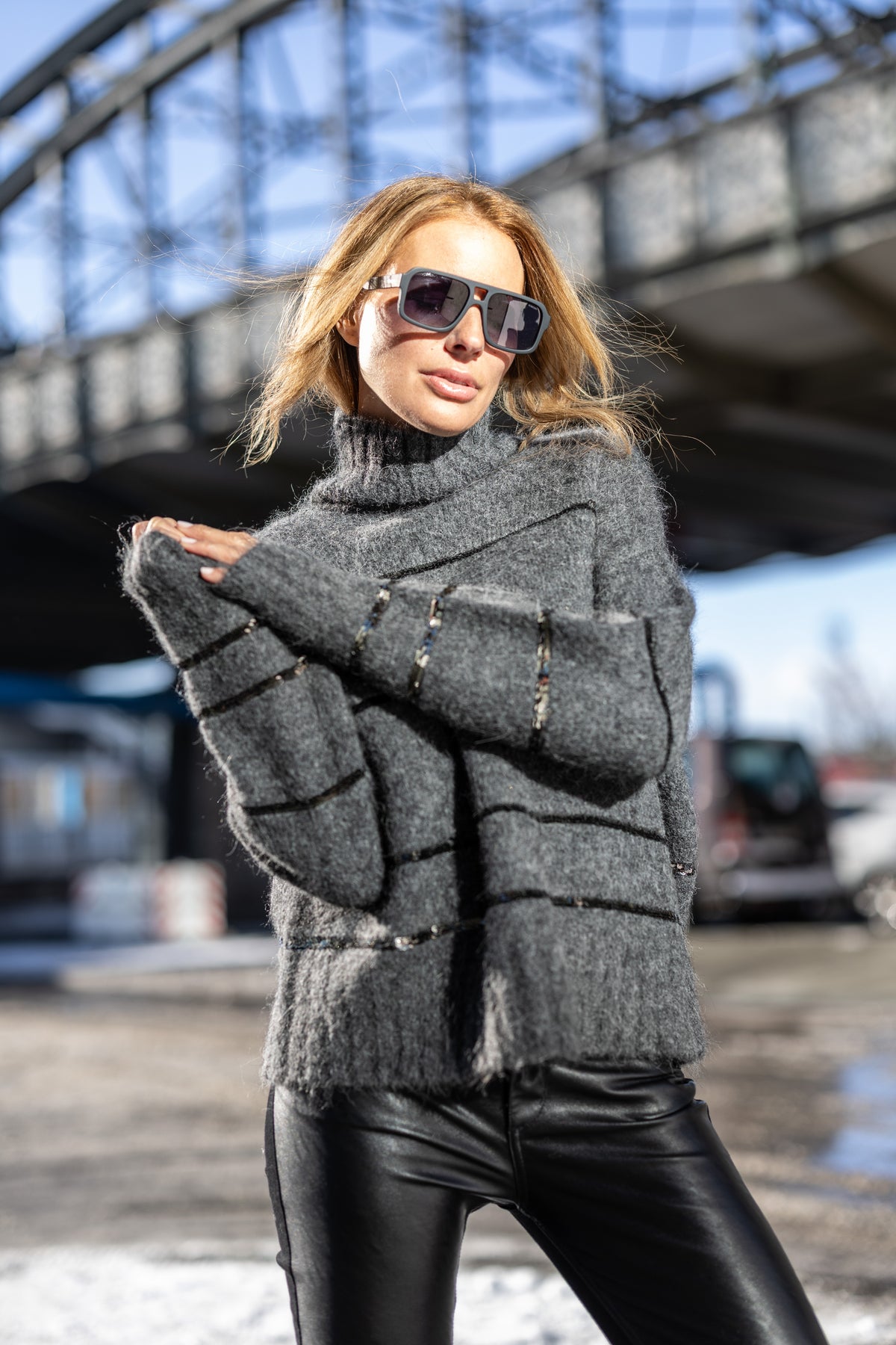 Damen Rollkragenpullover Grau Alpaka Pailletten Oversize Herbst Winter Strick